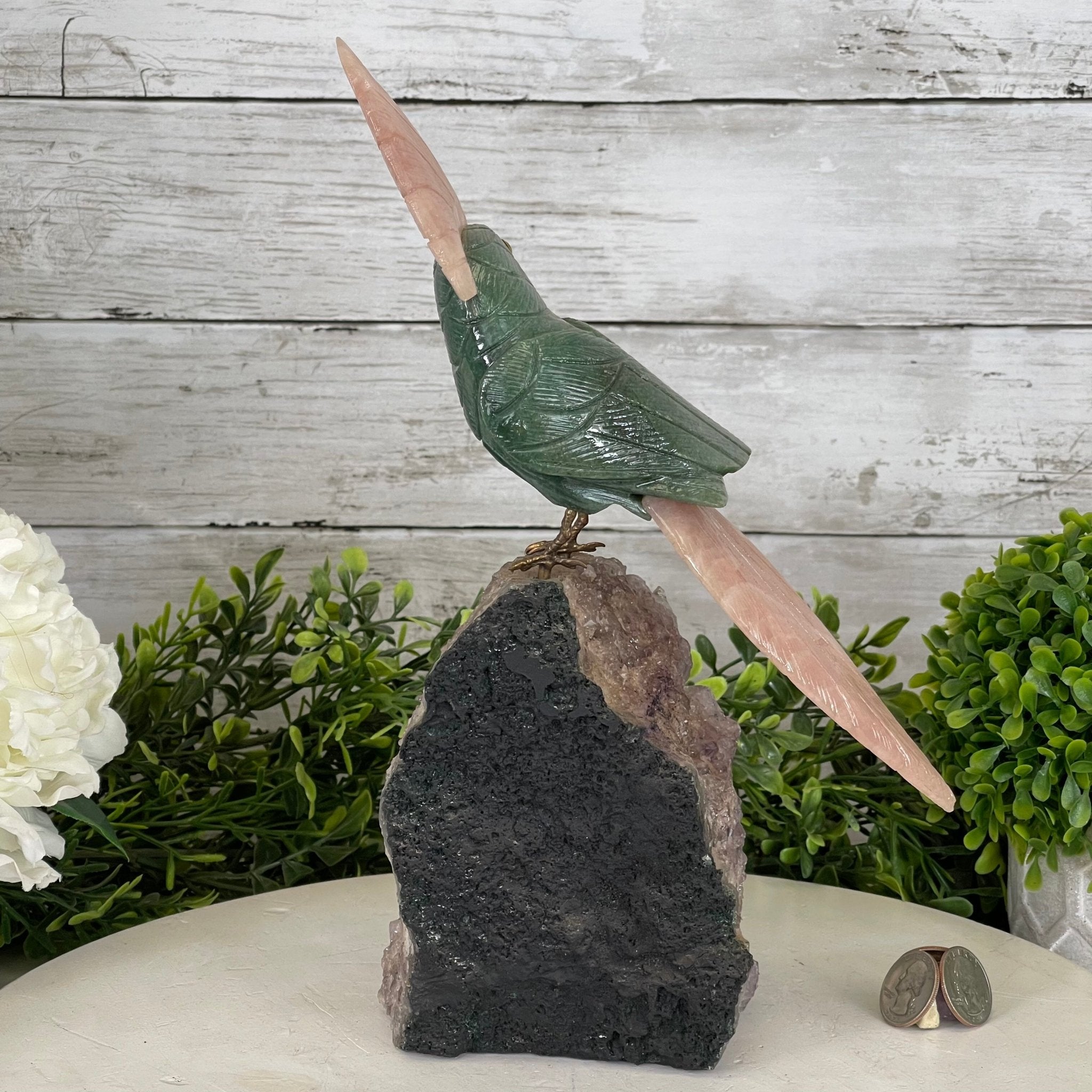 Green Quartz Crystal Cockatoo Figurine on a Amethyst Cluster Base Model #3005-GQCAM-032 by Brazil Gems - Brazil GemsBrazil GemsGreen Quartz Crystal Cockatoo Figurine on a Amethyst Cluster Base Model #3005-GQCAM-032 by Brazil GemsCrystal Birds3005-GQCAM-032