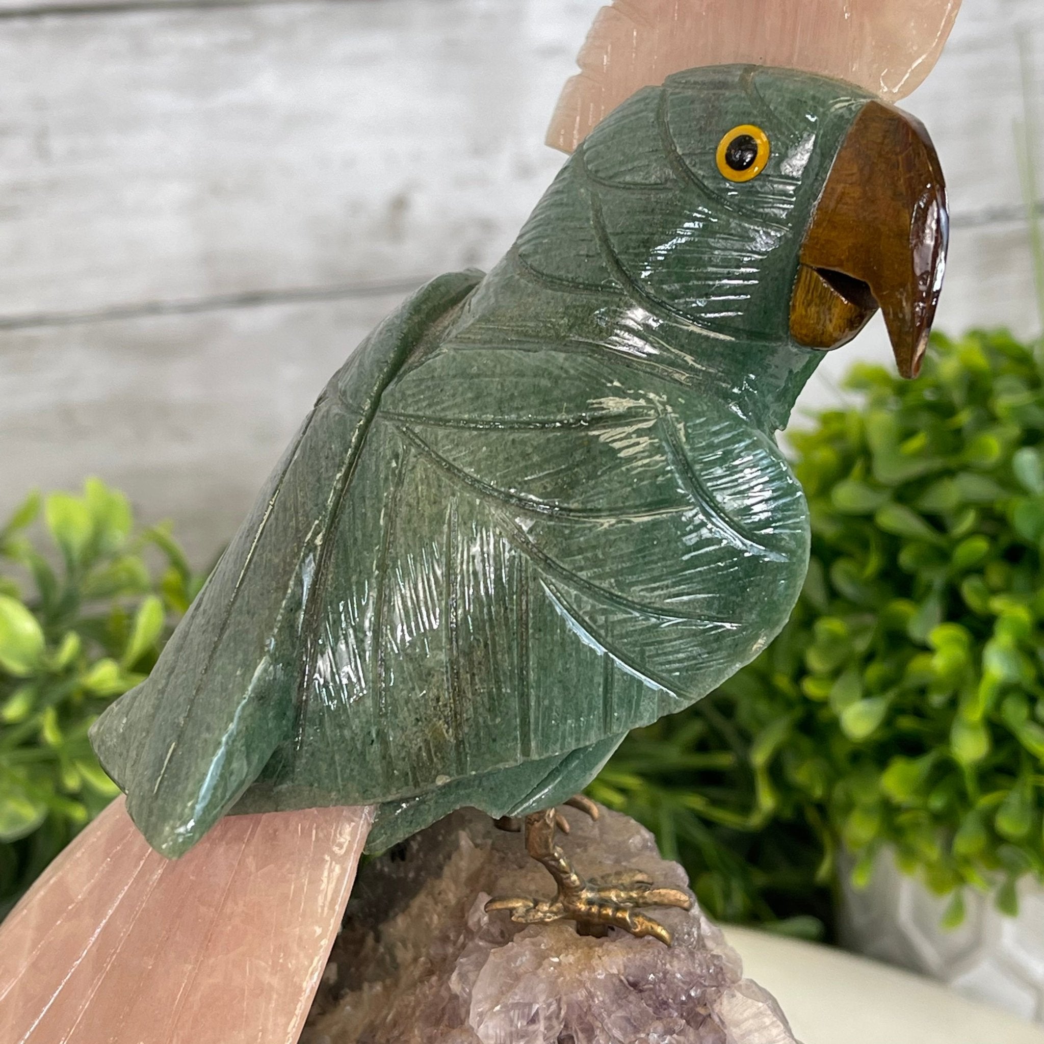 Green Quartz Crystal Cockatoo Figurine on a Amethyst Cluster Base Model #3005-GQCAM-032 by Brazil Gems - Brazil GemsBrazil GemsGreen Quartz Crystal Cockatoo Figurine on a Amethyst Cluster Base Model #3005-GQCAM-032 by Brazil GemsCrystal Birds3005-GQCAM-032