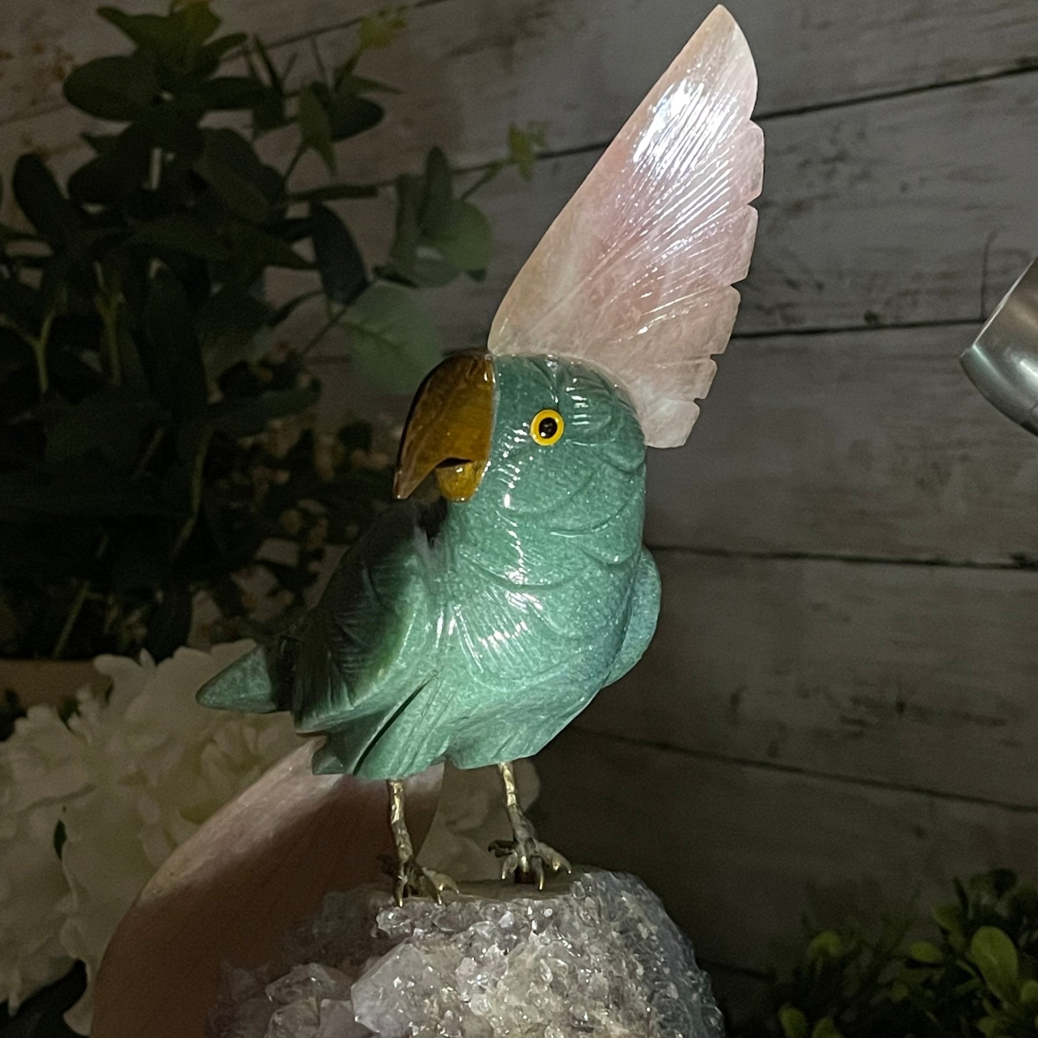 Green Quartz Crystal Cockatoo Figurine on a Amethyst Cluster Base Model #3005-GQCAM-032 by Brazil Gems - Brazil GemsBrazil GemsGreen Quartz Crystal Cockatoo Figurine on a Amethyst Cluster Base Model #3005-GQCAM-032 by Brazil GemsCrystal Birds3005-GQCAM-032