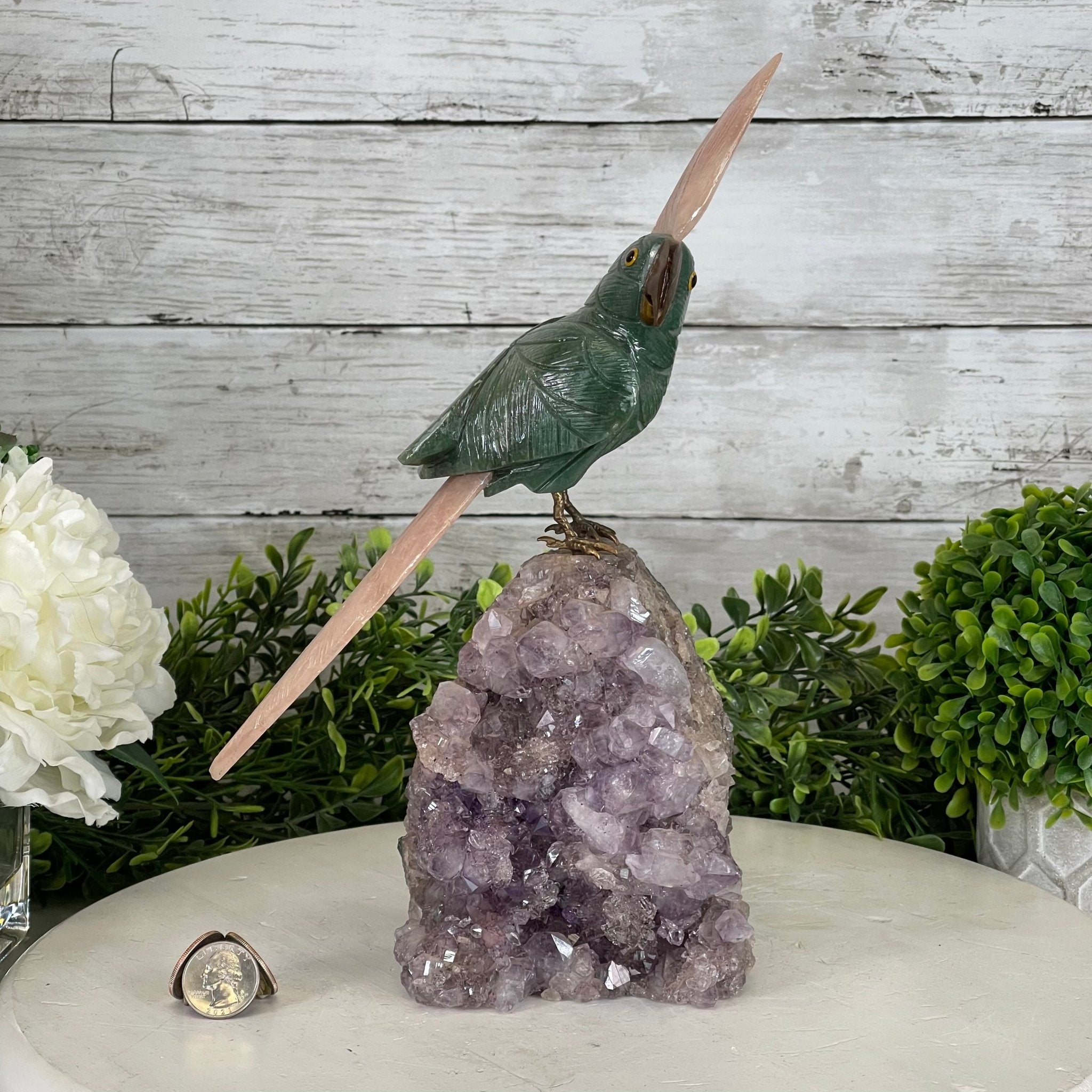 Green Quartz Crystal Cockatoo Figurine on a Amethyst Cluster Base Model #3005-GQCAM-032 by Brazil Gems - Brazil GemsBrazil GemsGreen Quartz Crystal Cockatoo Figurine on a Amethyst Cluster Base Model #3005-GQCAM-032 by Brazil GemsCrystal Birds3005-GQCAM-032