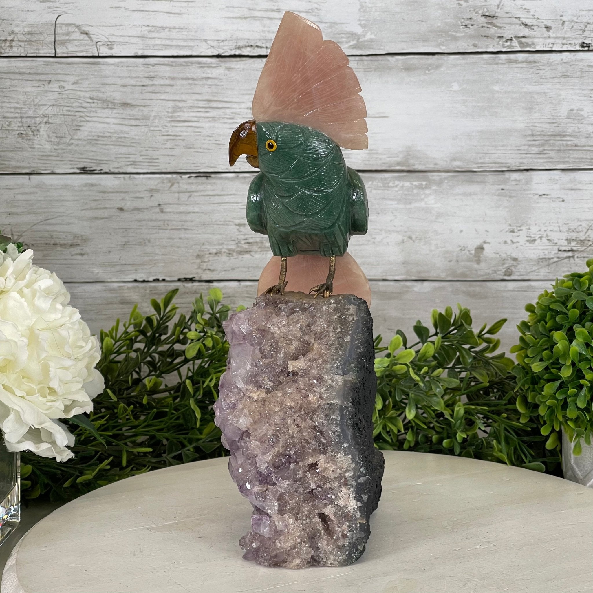 Green Quartz Crystal Cockatoo Figurine on a Amethyst Cluster Base Model #3005-GQCAM-032 by Brazil Gems - Brazil GemsBrazil GemsGreen Quartz Crystal Cockatoo Figurine on a Amethyst Cluster Base Model #3005-GQCAM-032 by Brazil GemsCrystal Birds3005-GQCAM-032