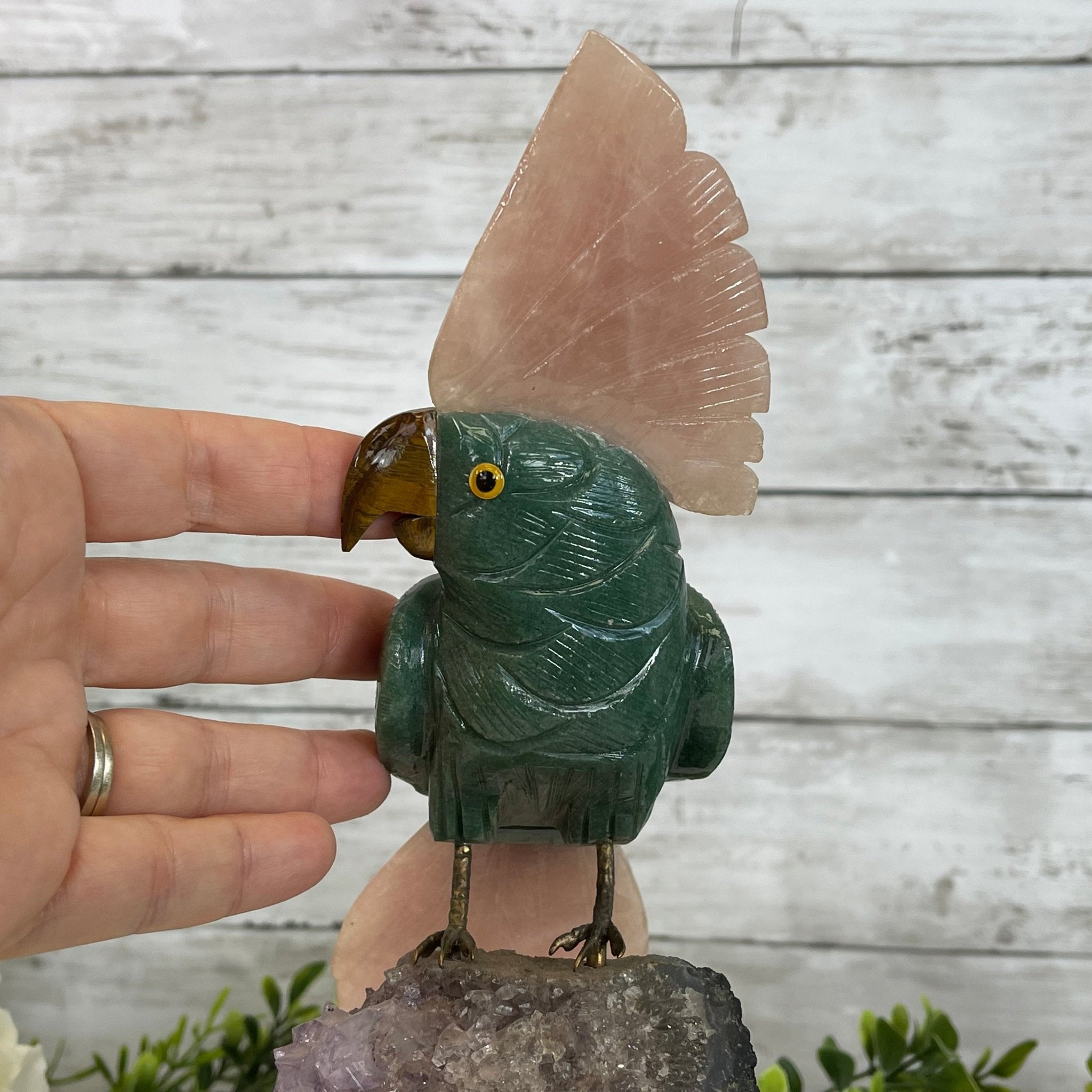 Green Quartz Crystal Cockatoo Figurine on a Amethyst Cluster Base Model #3005-GQCAM-032 by Brazil Gems - Brazil GemsBrazil GemsGreen Quartz Crystal Cockatoo Figurine on a Amethyst Cluster Base Model #3005-GQCAM-032 by Brazil GemsCrystal Birds3005-GQCAM-032