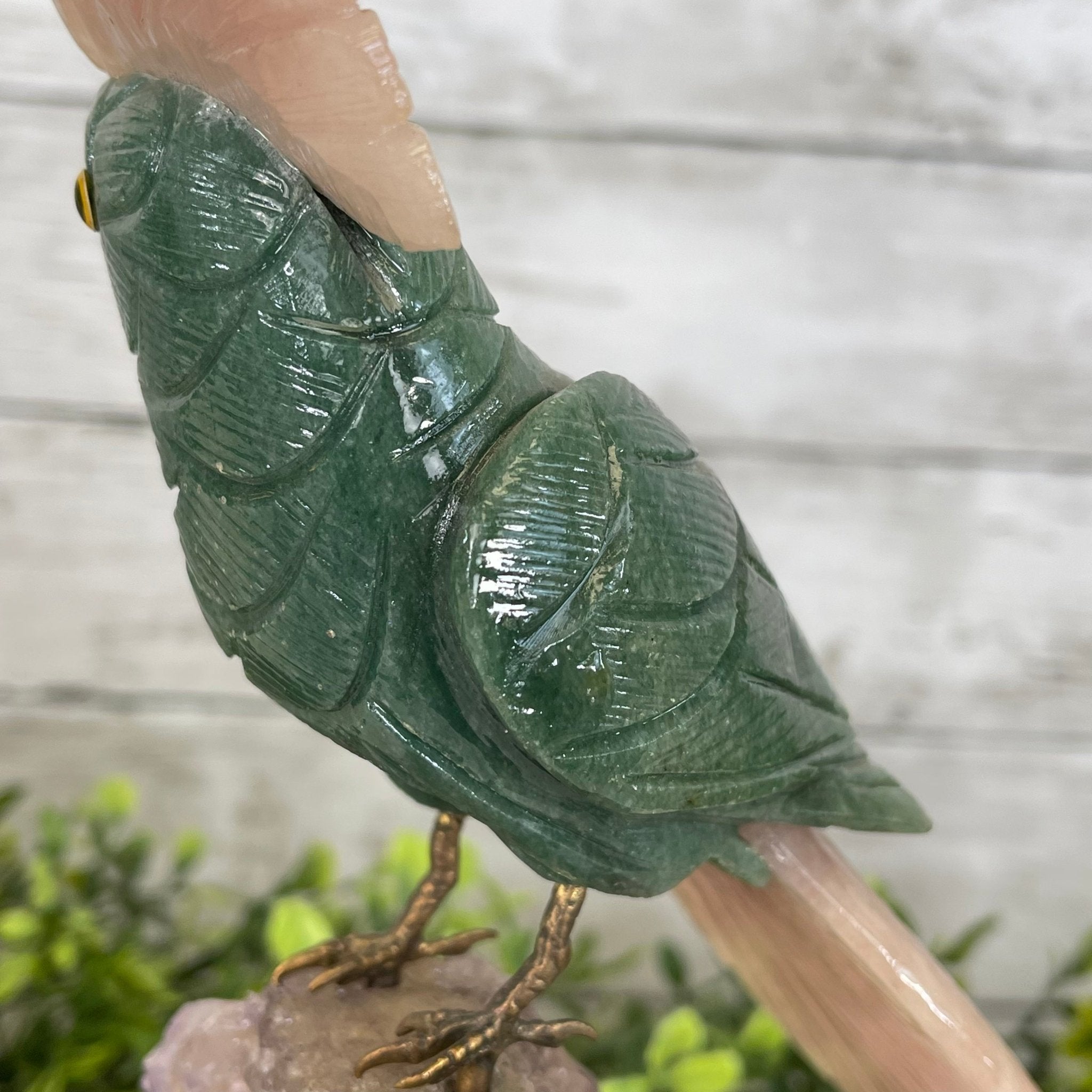 Green Quartz Crystal Cockatoo Figurine on a Amethyst Cluster Base Model #3005-GQCAM-032 by Brazil Gems - Brazil GemsBrazil GemsGreen Quartz Crystal Cockatoo Figurine on a Amethyst Cluster Base Model #3005-GQCAM-032 by Brazil GemsCrystal Birds3005-GQCAM-032