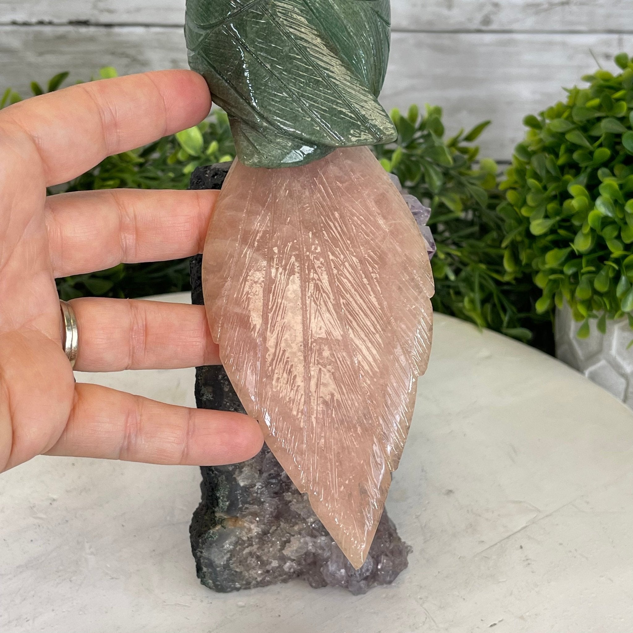 Green Quartz Crystal Cockatoo Figurine on a Amethyst Cluster Base Model #3005-GQCAM-032 by Brazil Gems - Brazil GemsBrazil GemsGreen Quartz Crystal Cockatoo Figurine on a Amethyst Cluster Base Model #3005-GQCAM-032 by Brazil GemsCrystal Birds3005-GQCAM-032