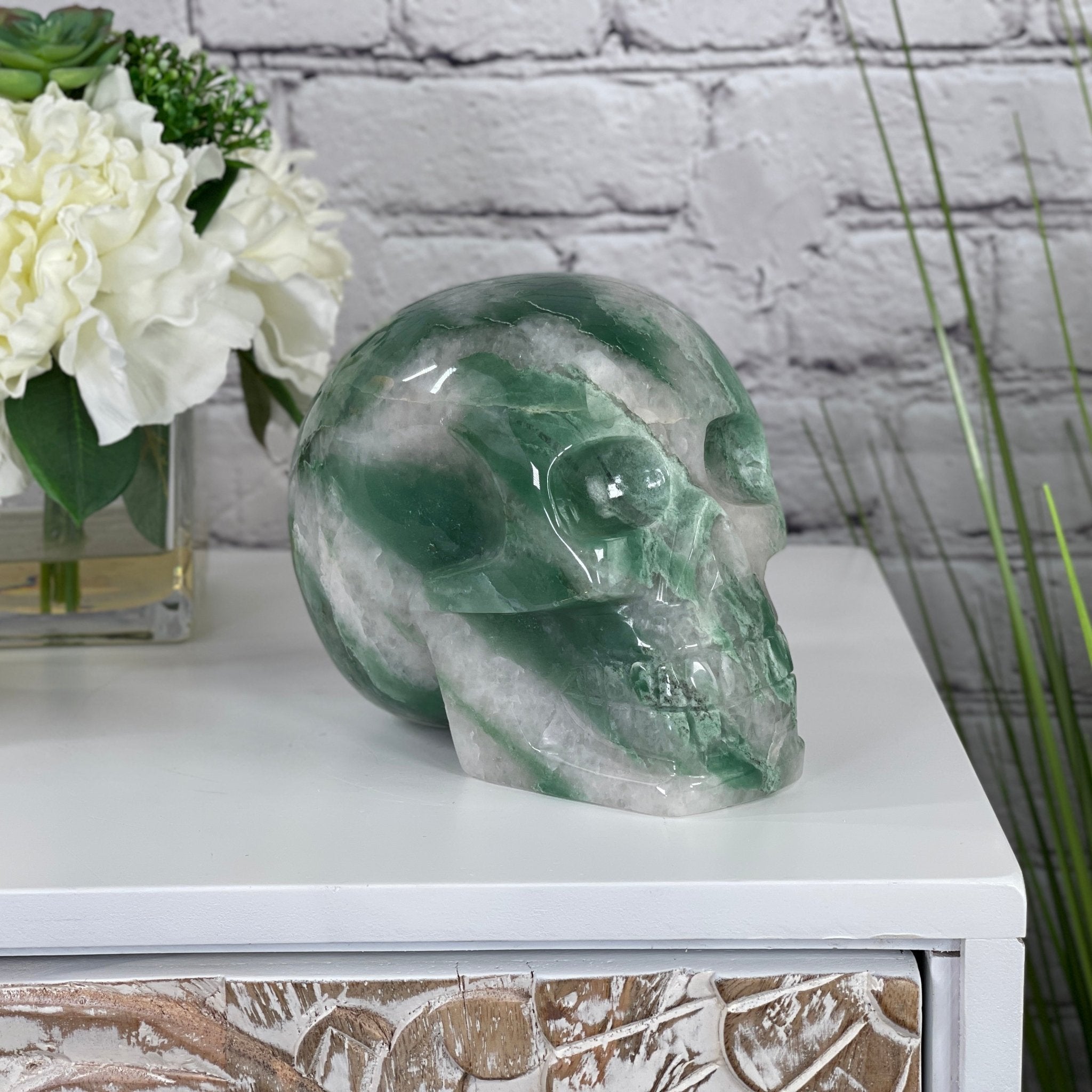Handmade Green Quartz Crystal Skull 5.5" tall Model #3477-0009 by Brazil Gems - Brazil GemsBrazil GemsHandmade Green Quartz Crystal Skull 5.5" tall Model #3477-0009 by Brazil GemsSkulls3477-0009