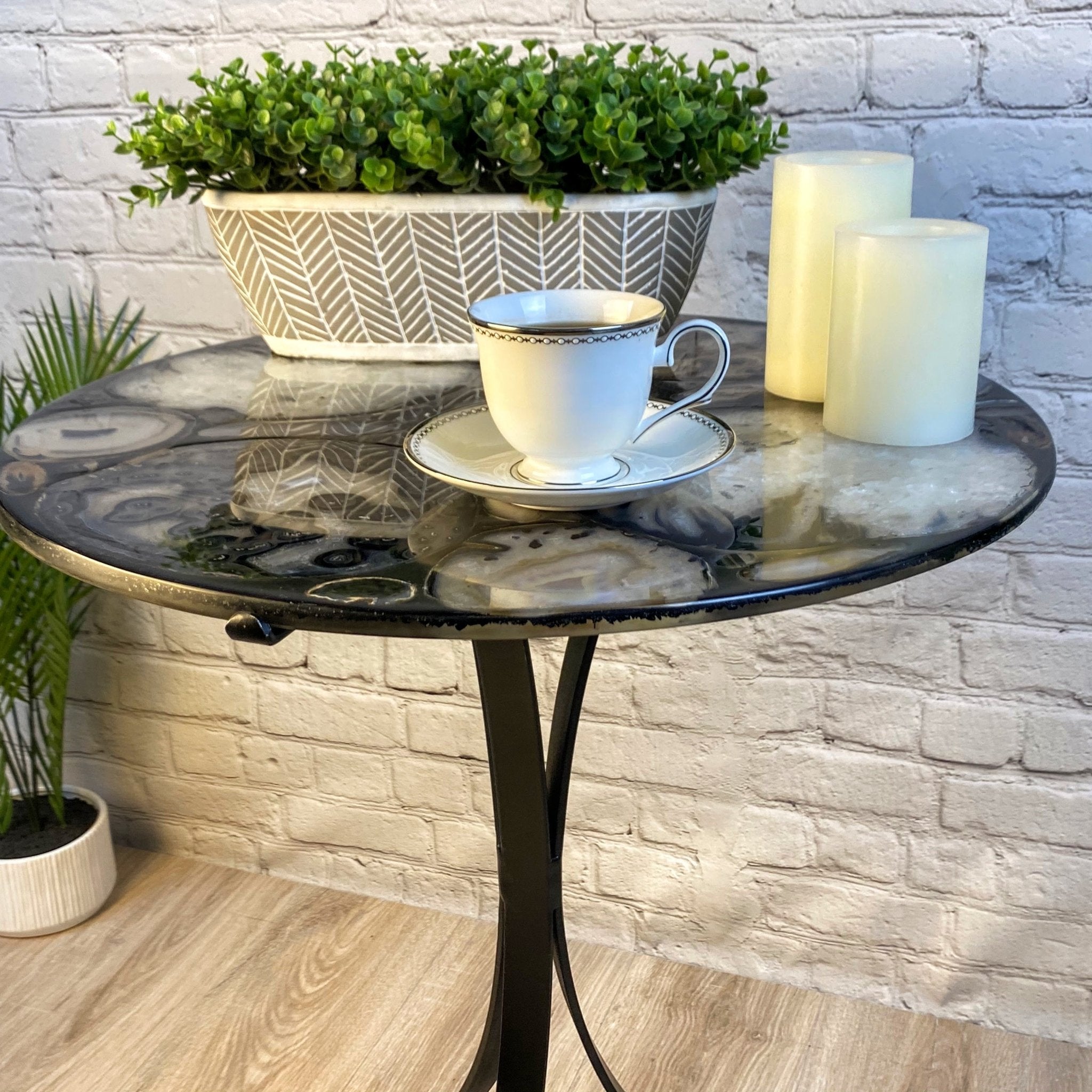 Handmade Natural Agate Round Side Table, metal base, 22" diameter, 26" tall Model #1002-0005 - Brazil GemsBrazil GemsHandmade Natural Agate Round Side Table, metal base, 22" diameter, 26" tall Model #1002-0005Tables: Side1002-0005
