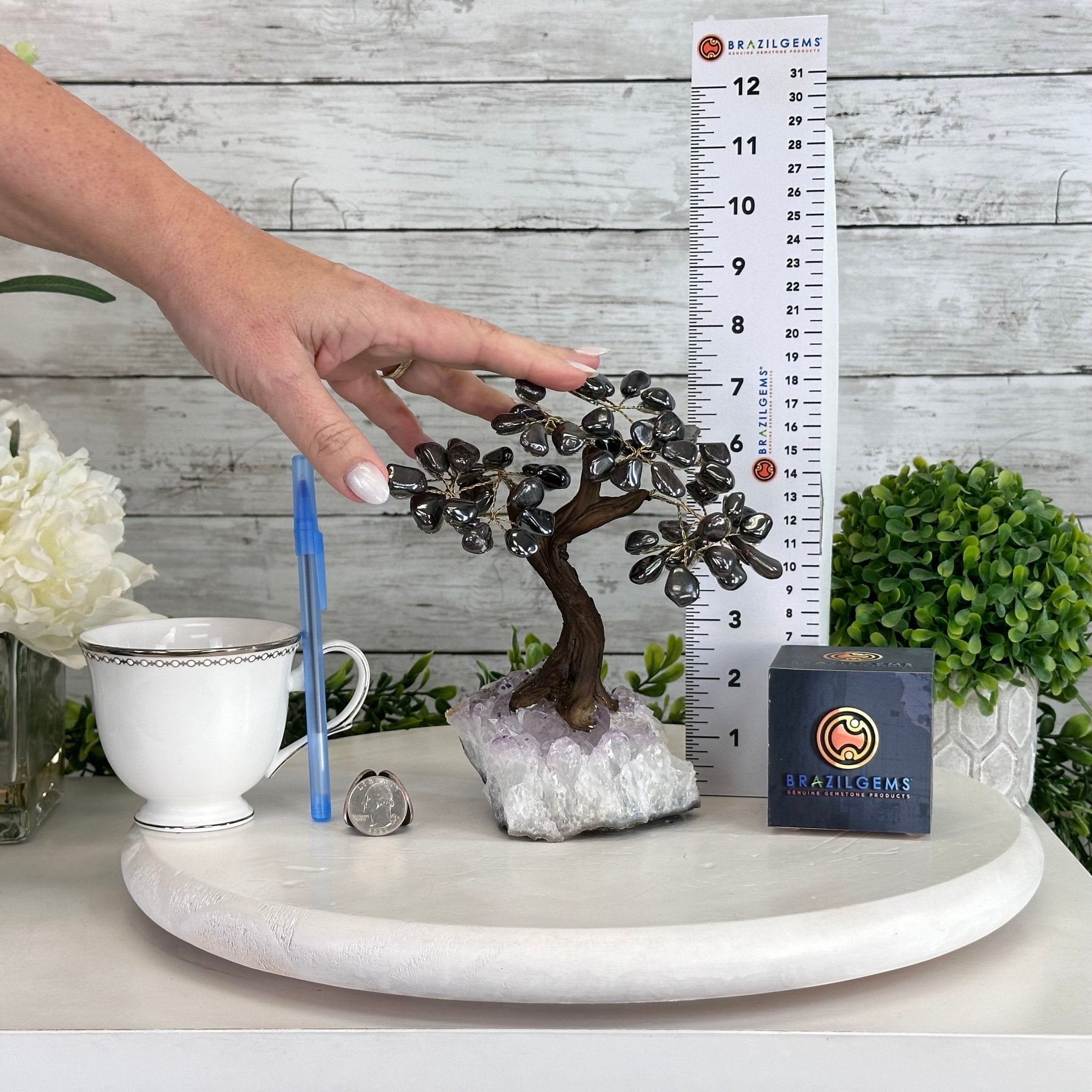 Hematite 7" Tall Handmade Gemstone Tree on a Crystal base, 60 Gems #5402HEMA - Brazil GemsBrazil GemsHematite 7" Tall Handmade Gemstone Tree on a Crystal base, 60 Gems #5402HEMAGemstone Trees5402HEMA