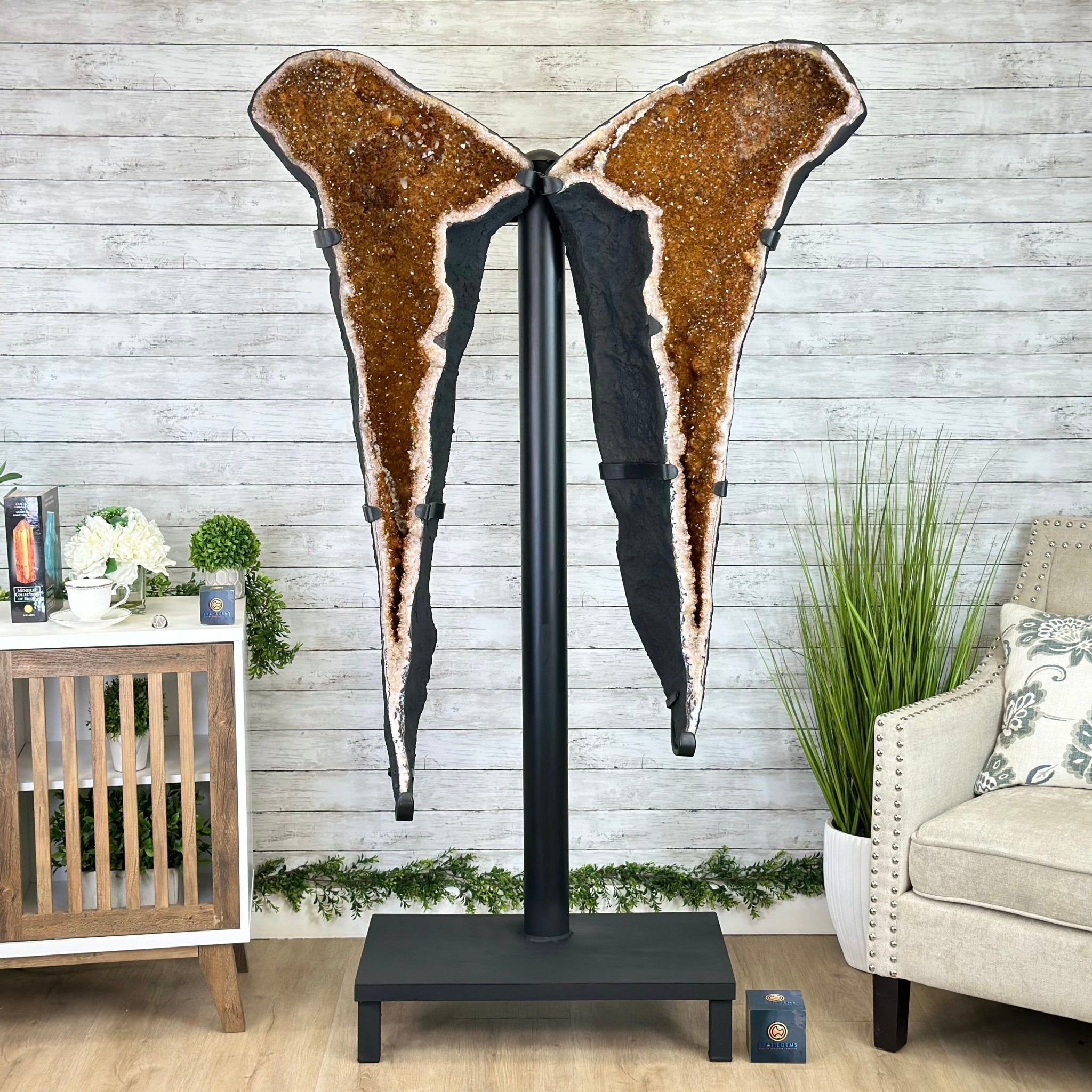 Large Citrine Butterfly Wings on a Metal Stand, 322 lbs & 72.75" Tall #5498-0005 - Brazil GemsBrazil GemsLarge Citrine Butterfly Wings on a Metal Stand, 322 lbs & 72.75" Tall #5498-0005Citrine Butterfly Wings5498-0005