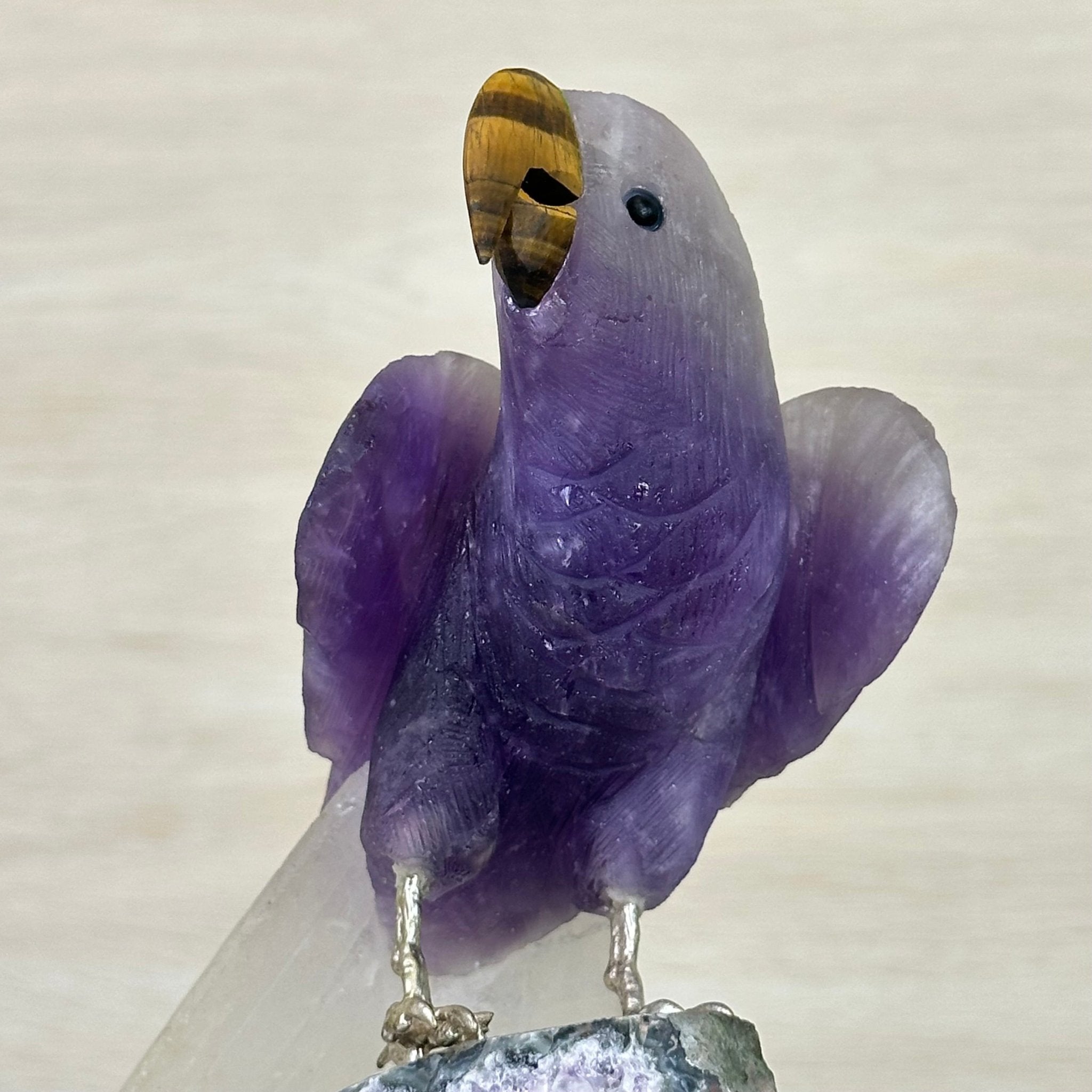 Large Hand - Carved Amethyst Parrot 8.6" Long on an Amethyst Cluster #3005 - AMPAM - 050 - Brazil GemsBrazil GemsLarge Hand - Carved Amethyst Parrot 8.6" Long on an Amethyst Cluster #3005 - AMPAM - 050Crystal Birds3005 - AMPAM - 050