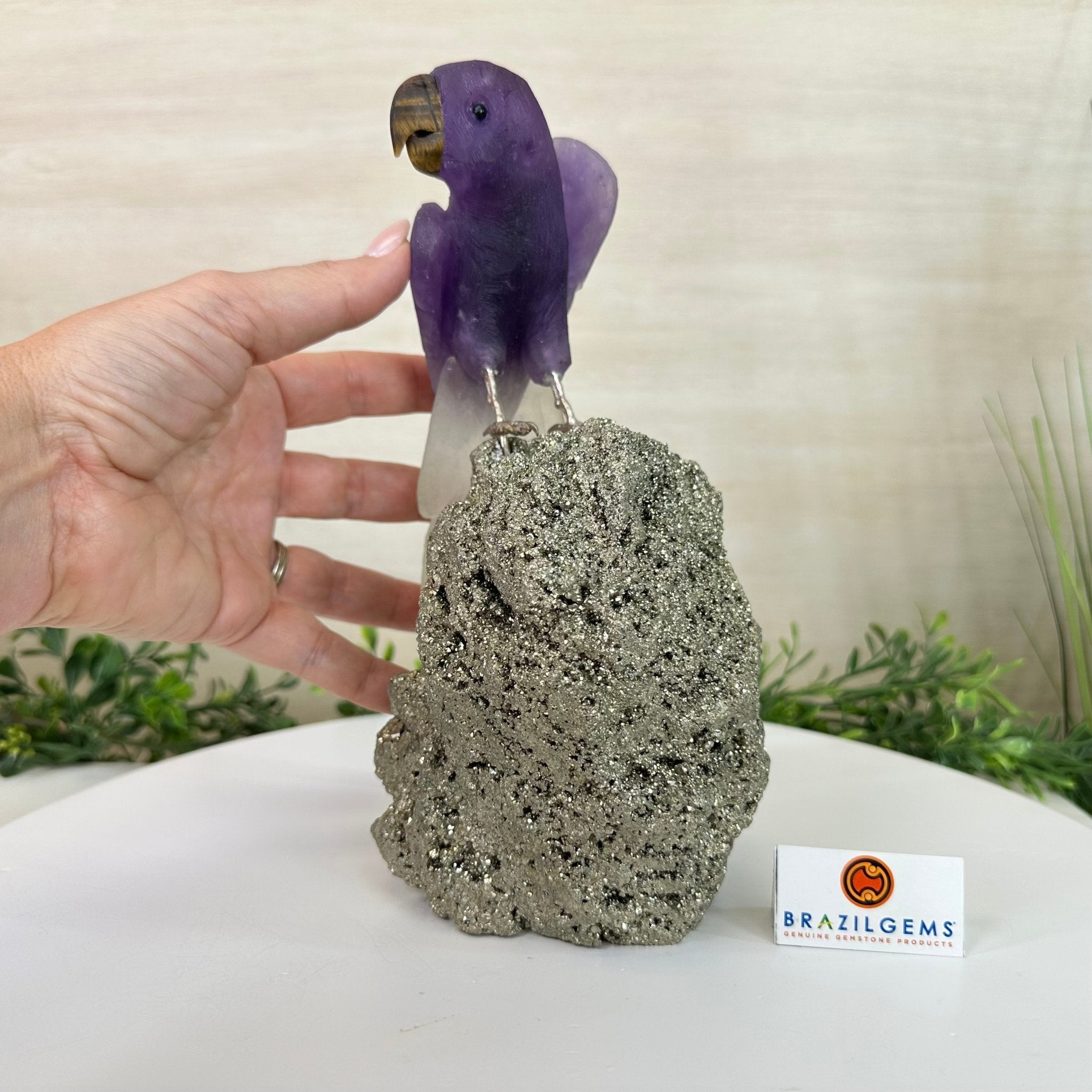 Large Hand - Carved Amethyst Parrot 9.1" Long on a Pyrite Cluster #3005 - AMPPY - 051 - Brazil GemsBrazil GemsLarge Hand - Carved Amethyst Parrot 9.1" Long on a Pyrite Cluster #3005 - AMPPY - 051Crystal Birds3005 - AMPPY - 051