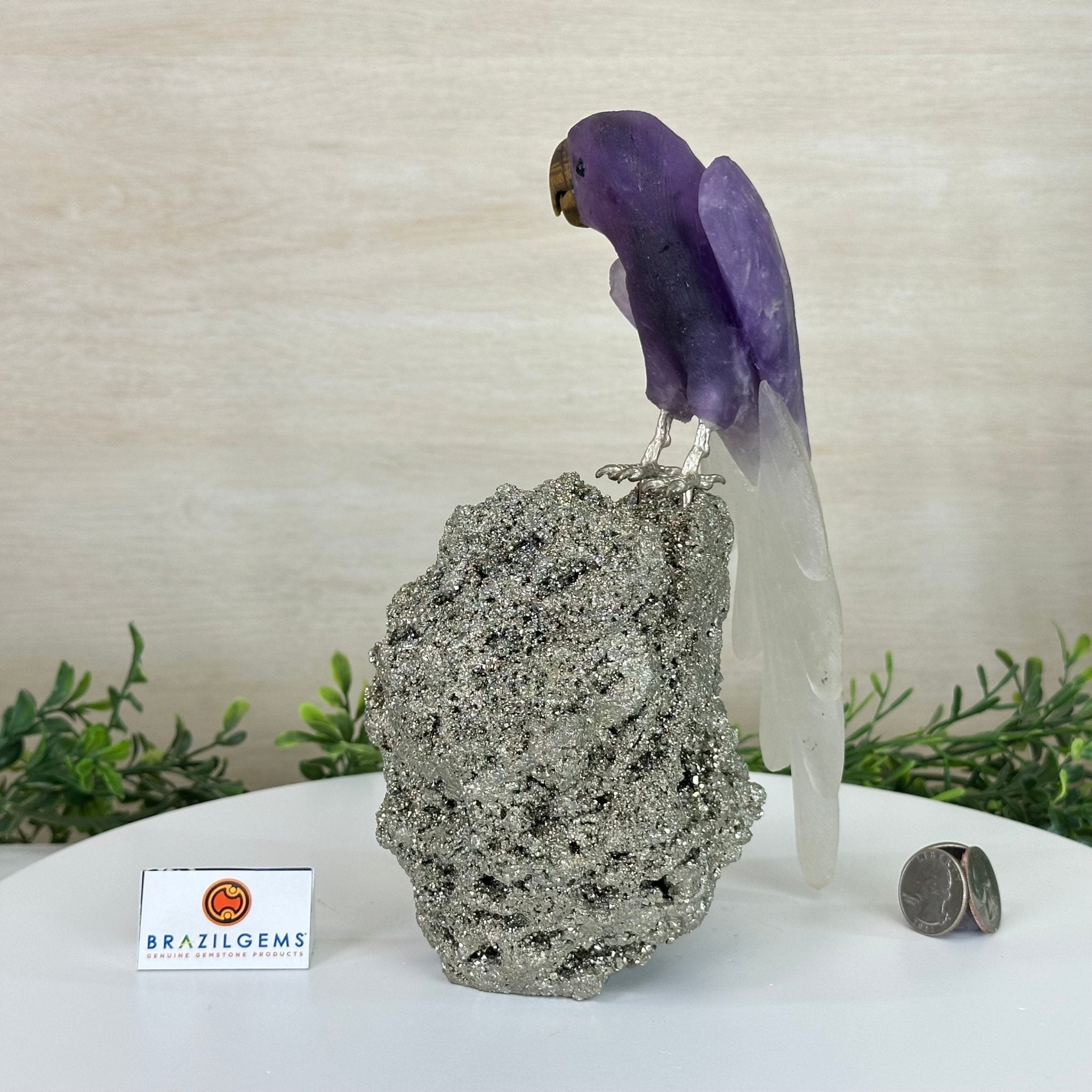 Large Hand - Carved Amethyst Parrot 9.1" Long on a Pyrite Cluster #3005 - AMPPY - 051 - Brazil GemsBrazil GemsLarge Hand - Carved Amethyst Parrot 9.1" Long on a Pyrite Cluster #3005 - AMPPY - 051Crystal Birds3005 - AMPPY - 051