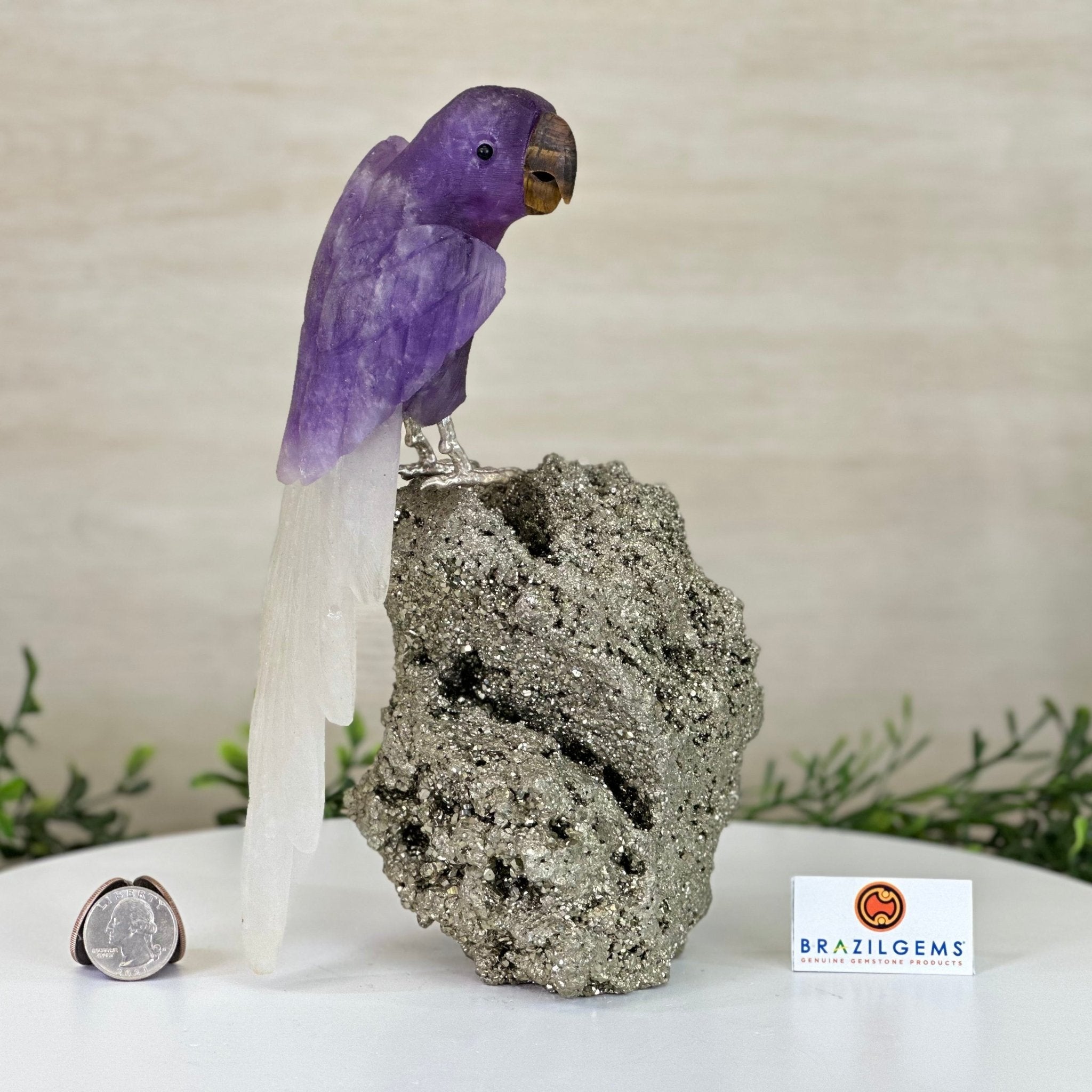 Large Hand - Carved Amethyst Parrot 9.1" Long on a Pyrite Cluster #3005 - AMPPY - 051 - Brazil GemsBrazil GemsLarge Hand - Carved Amethyst Parrot 9.1" Long on a Pyrite Cluster #3005 - AMPPY - 051Crystal Birds3005 - AMPPY - 051