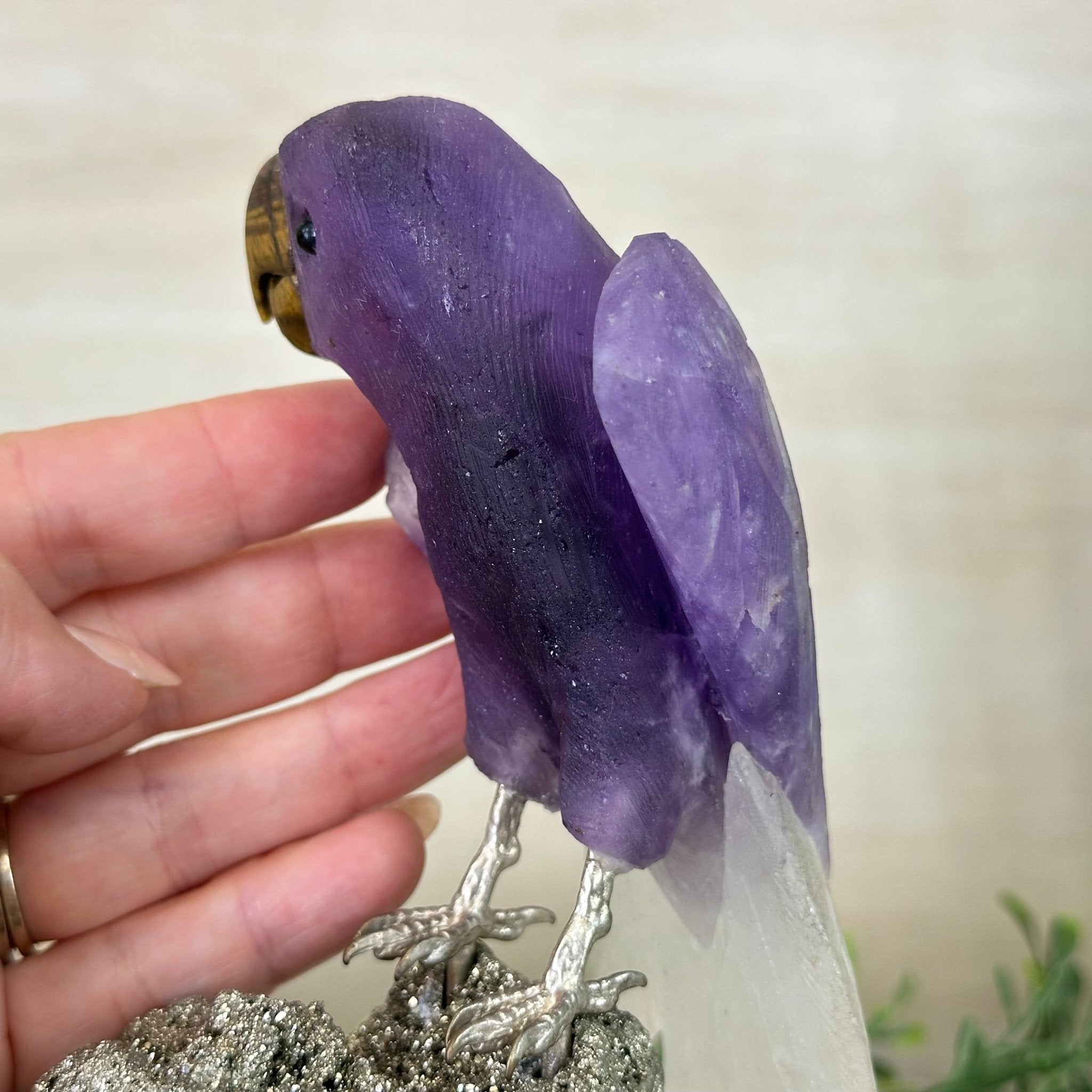 Large Hand - Carved Amethyst Parrot 9.1" Long on a Pyrite Cluster #3005 - AMPPY - 051 - Brazil GemsBrazil GemsLarge Hand - Carved Amethyst Parrot 9.1" Long on a Pyrite Cluster #3005 - AMPPY - 051Crystal Birds3005 - AMPPY - 051