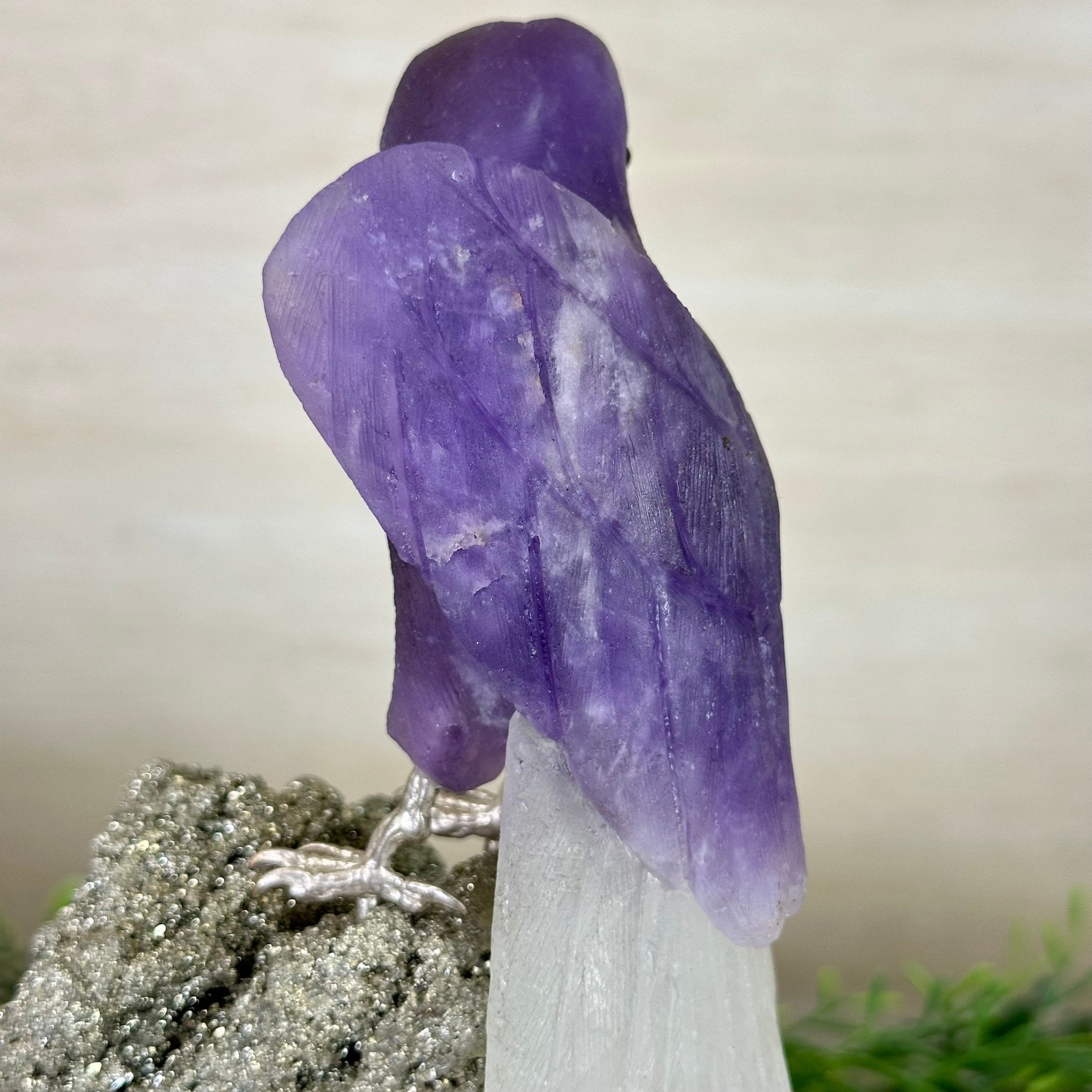 Large Hand - Carved Amethyst Parrot 9.1" Long on a Pyrite Cluster #3005 - AMPPY - 051 - Brazil GemsBrazil GemsLarge Hand - Carved Amethyst Parrot 9.1" Long on a Pyrite Cluster #3005 - AMPPY - 051Crystal Birds3005 - AMPPY - 051