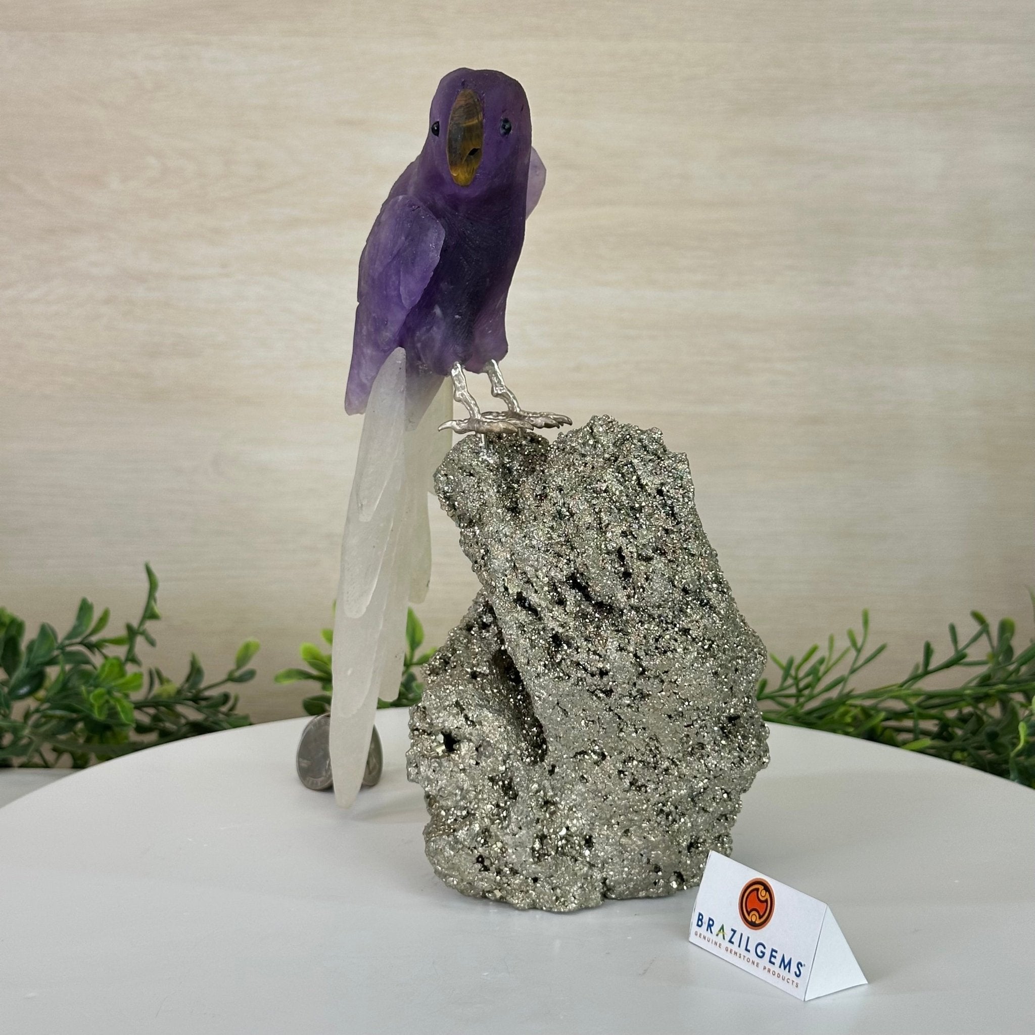 Large Hand - Carved Amethyst Parrot 9.1" Long on a Pyrite Cluster #3005 - AMPPY - 051 - Brazil GemsBrazil GemsLarge Hand - Carved Amethyst Parrot 9.1" Long on a Pyrite Cluster #3005 - AMPPY - 051Crystal Birds3005 - AMPPY - 051