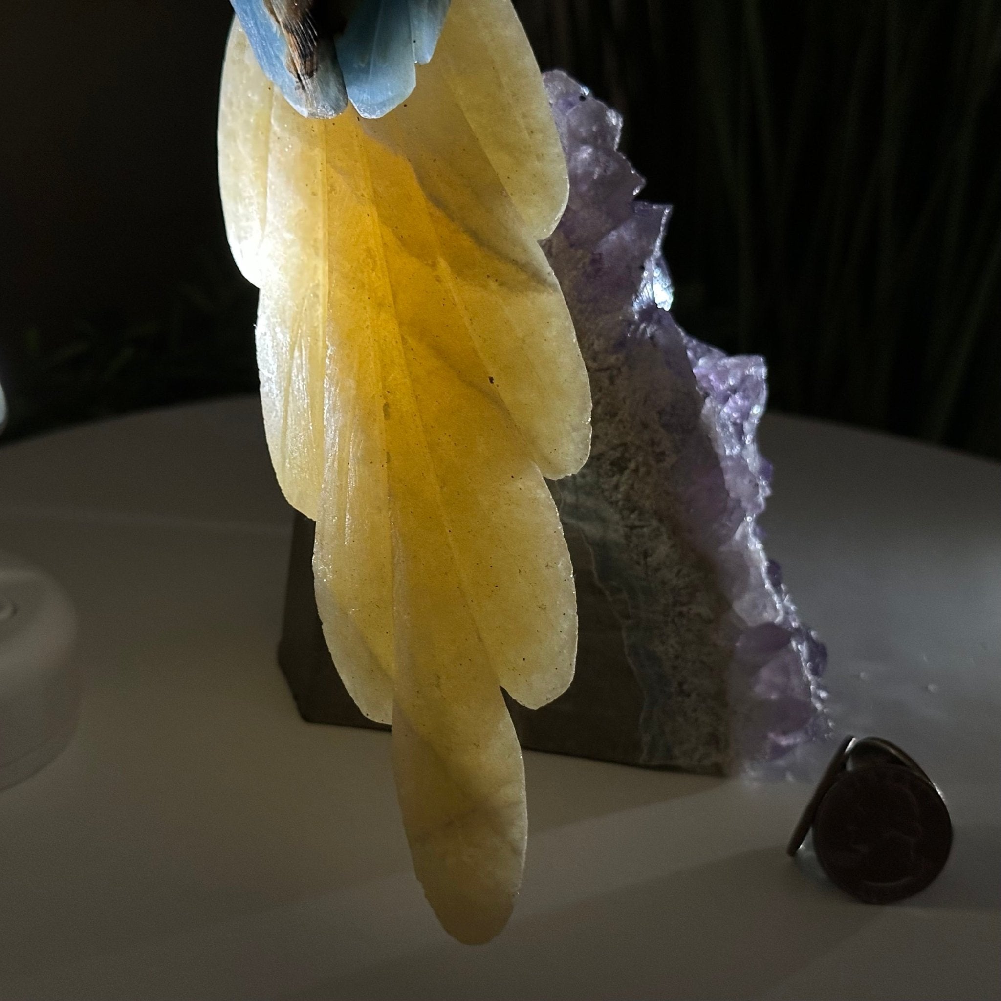 Large Hand - Carved Blue Onyx Cockatoo 11.3" Long on an Amethyst Cluster #3005 - BXCAM - 044 - Brazil GemsBrazil GemsLarge Hand - Carved Blue Onyx Cockatoo 11.3" Long on an Amethyst Cluster #3005 - BXCAM - 044Crystal Birds3005 - BXCAM - 044