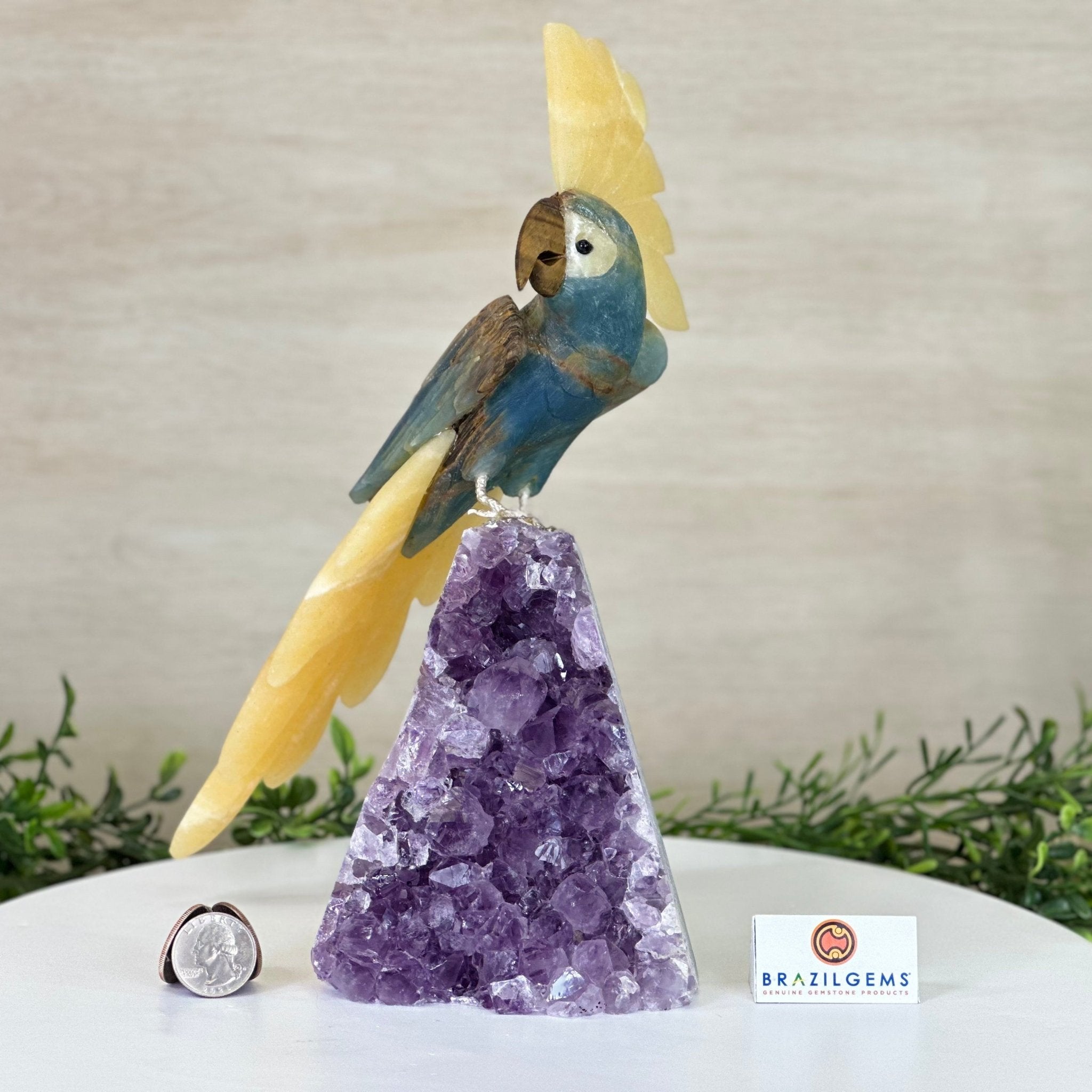 Large Hand - Carved Blue Onyx Cockatoo 11.3" Long on an Amethyst Cluster #3005 - BXCAM - 044 - Brazil GemsBrazil GemsLarge Hand - Carved Blue Onyx Cockatoo 11.3" Long on an Amethyst Cluster #3005 - BXCAM - 044Crystal Birds3005 - BXCAM - 044