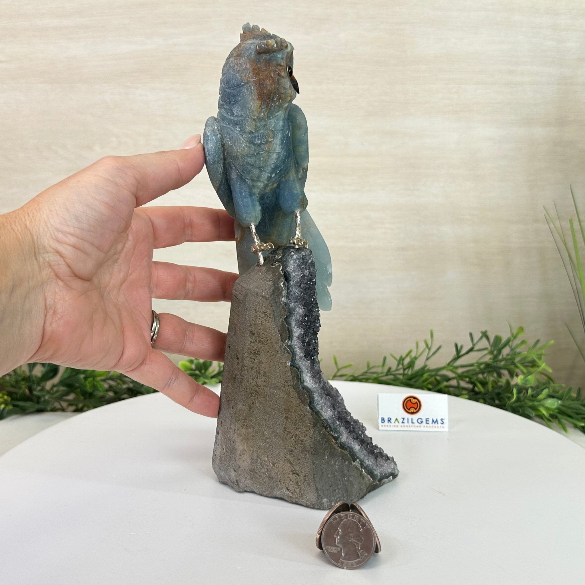 Large Hand - Carved Blue Onyx Owl 7" Long on an Amethyst Cluster #3005 - BXOAM - 047 - Brazil GemsBrazil GemsLarge Hand - Carved Blue Onyx Owl 7" Long on an Amethyst Cluster #3005 - BXOAM - 047Crystal Birds3005 - BXOAM - 047