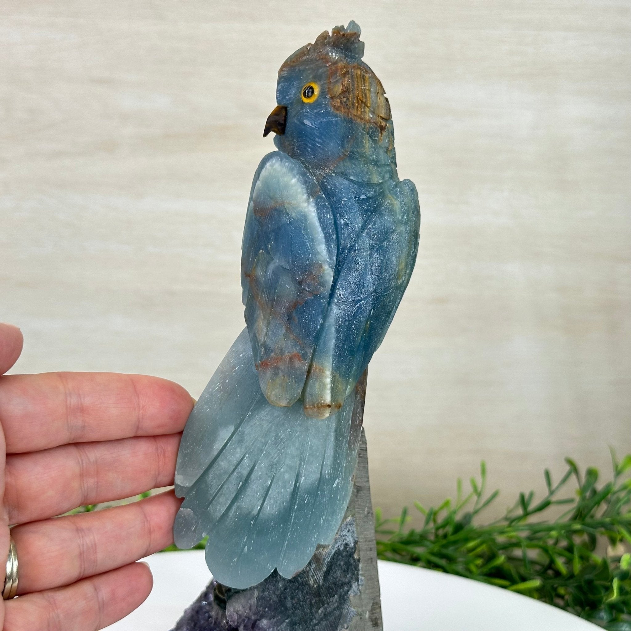 Large Hand - Carved Blue Onyx Owl 7" Long on an Amethyst Cluster #3005 - BXOAM - 047 - Brazil GemsBrazil GemsLarge Hand - Carved Blue Onyx Owl 7" Long on an Amethyst Cluster #3005 - BXOAM - 047Crystal Birds3005 - BXOAM - 047