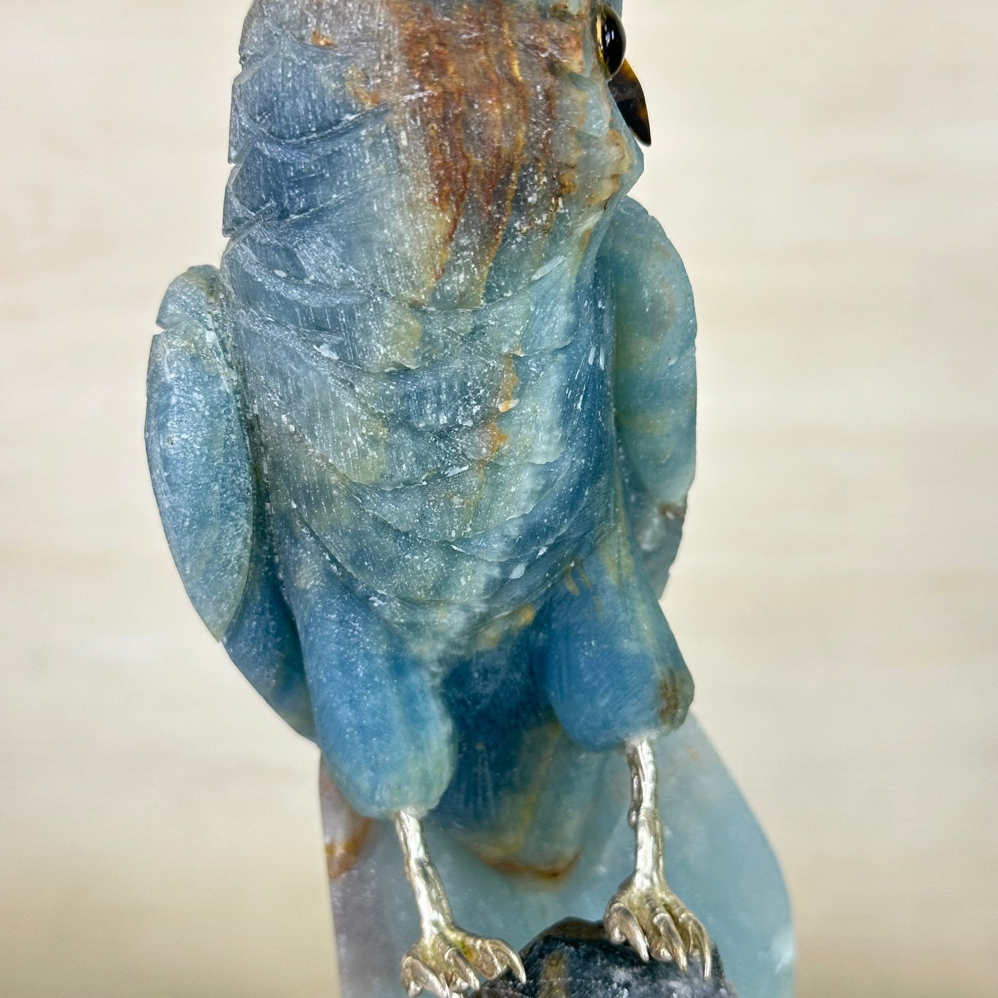 Large Hand - Carved Blue Onyx Owl 7" Long on an Amethyst Cluster #3005 - BXOAM - 047 - Brazil GemsBrazil GemsLarge Hand - Carved Blue Onyx Owl 7" Long on an Amethyst Cluster #3005 - BXOAM - 047Crystal Birds3005 - BXOAM - 047