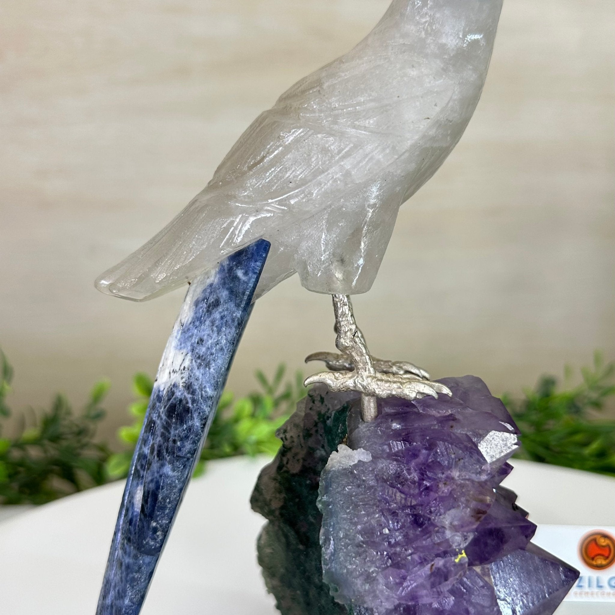 Large Hand - Carved Clear Quartz Cockatoo 10.3" Long on an Amethyst Cluster #3005 - CQCAM - 043 - Brazil GemsBrazil GemsLarge Hand - Carved Clear Quartz Cockatoo 10.3" Long on an Amethyst Cluster #3005 - CQCAM - 043Crystal Birds3005 - CQCAM - 043