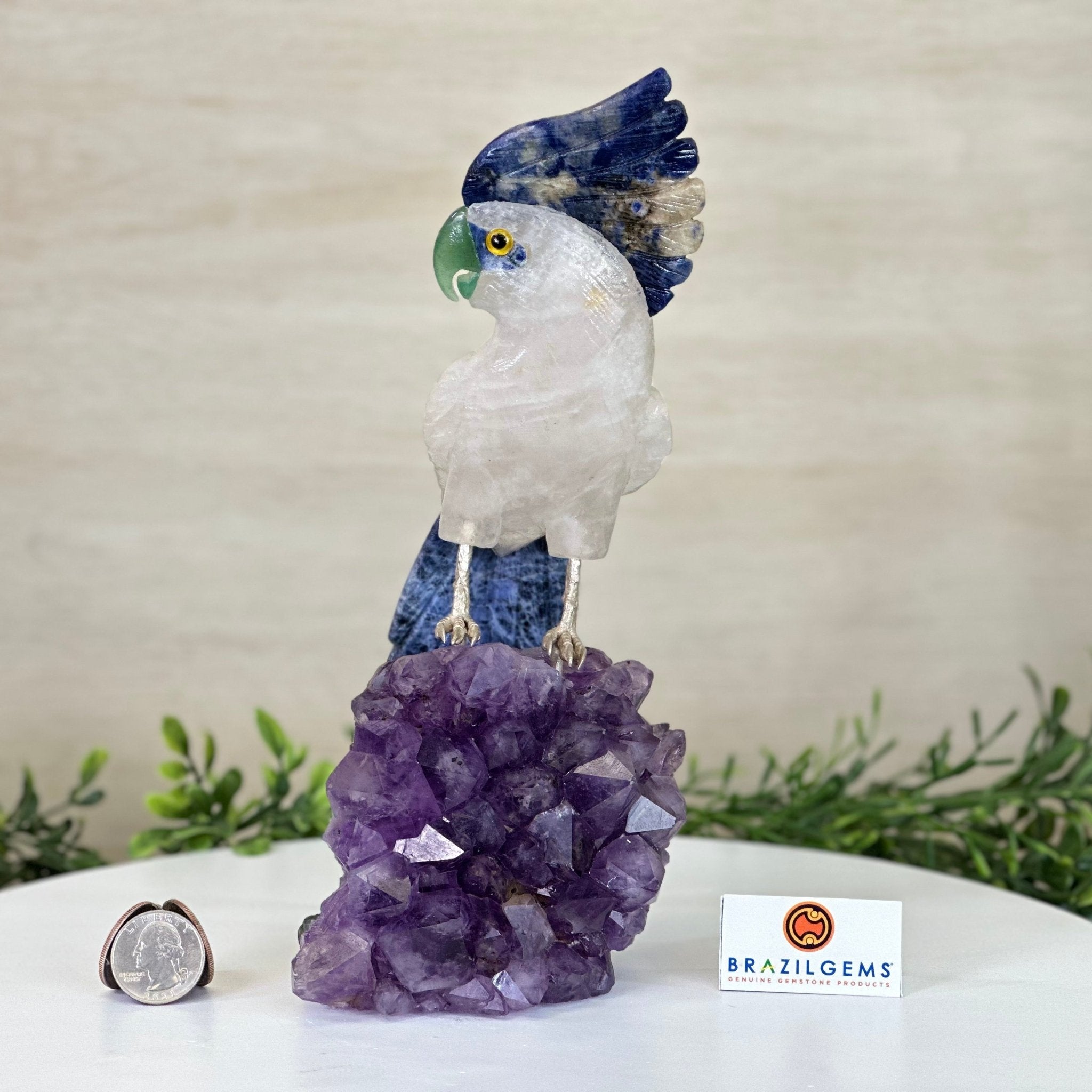 Large Hand - Carved Clear Quartz Cockatoo 10.3" Long on an Amethyst Cluster #3005 - CQCAM - 043 - Brazil GemsBrazil GemsLarge Hand - Carved Clear Quartz Cockatoo 10.3" Long on an Amethyst Cluster #3005 - CQCAM - 043Crystal Birds3005 - CQCAM - 043