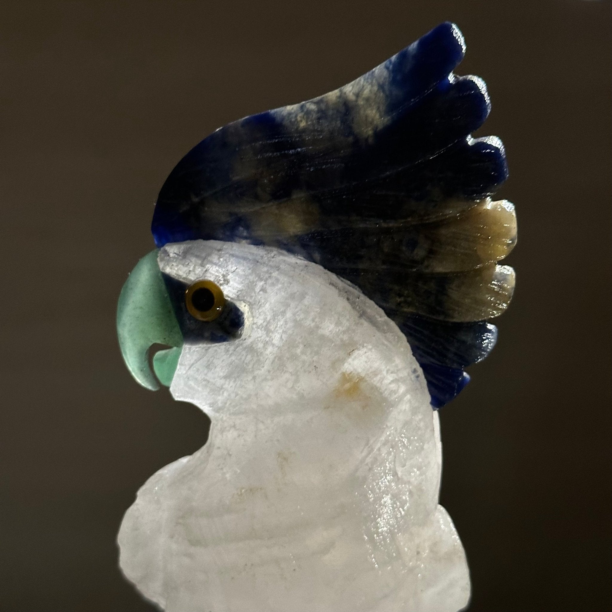 Large Hand - Carved Clear Quartz Cockatoo 10.3" Long on an Amethyst Cluster #3005 - CQCAM - 043 - Brazil GemsBrazil GemsLarge Hand - Carved Clear Quartz Cockatoo 10.3" Long on an Amethyst Cluster #3005 - CQCAM - 043Crystal Birds3005 - CQCAM - 043