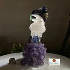 Large Hand - Carved Clear Quartz Cockatoo 10.3" Long on an Amethyst Cluster #3005 - CQCAM - 043 - Brazil GemsBrazil GemsLarge Hand - Carved Clear Quartz Cockatoo 10.3" Long on an Amethyst Cluster #3005 - CQCAM - 043Crystal Birds3005 - CQCAM - 043