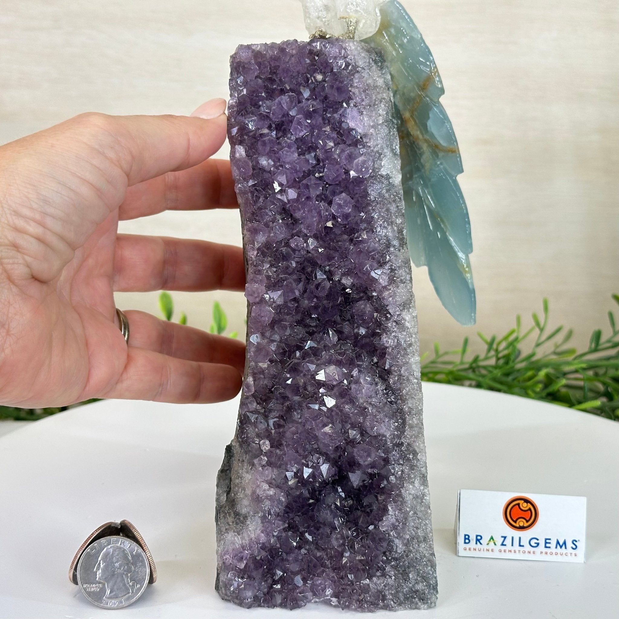 Large Hand - Carved Clear Quartz Cockatoo 9.7" Long on an Amethyst Cluster #3004 - CQCAM - 056 - Brazil GemsBrazil GemsLarge Hand - Carved Clear Quartz Cockatoo 9.7" Long on an Amethyst Cluster #3004 - CQCAM - 056Crystal Birds3004 - CQCAM - 056