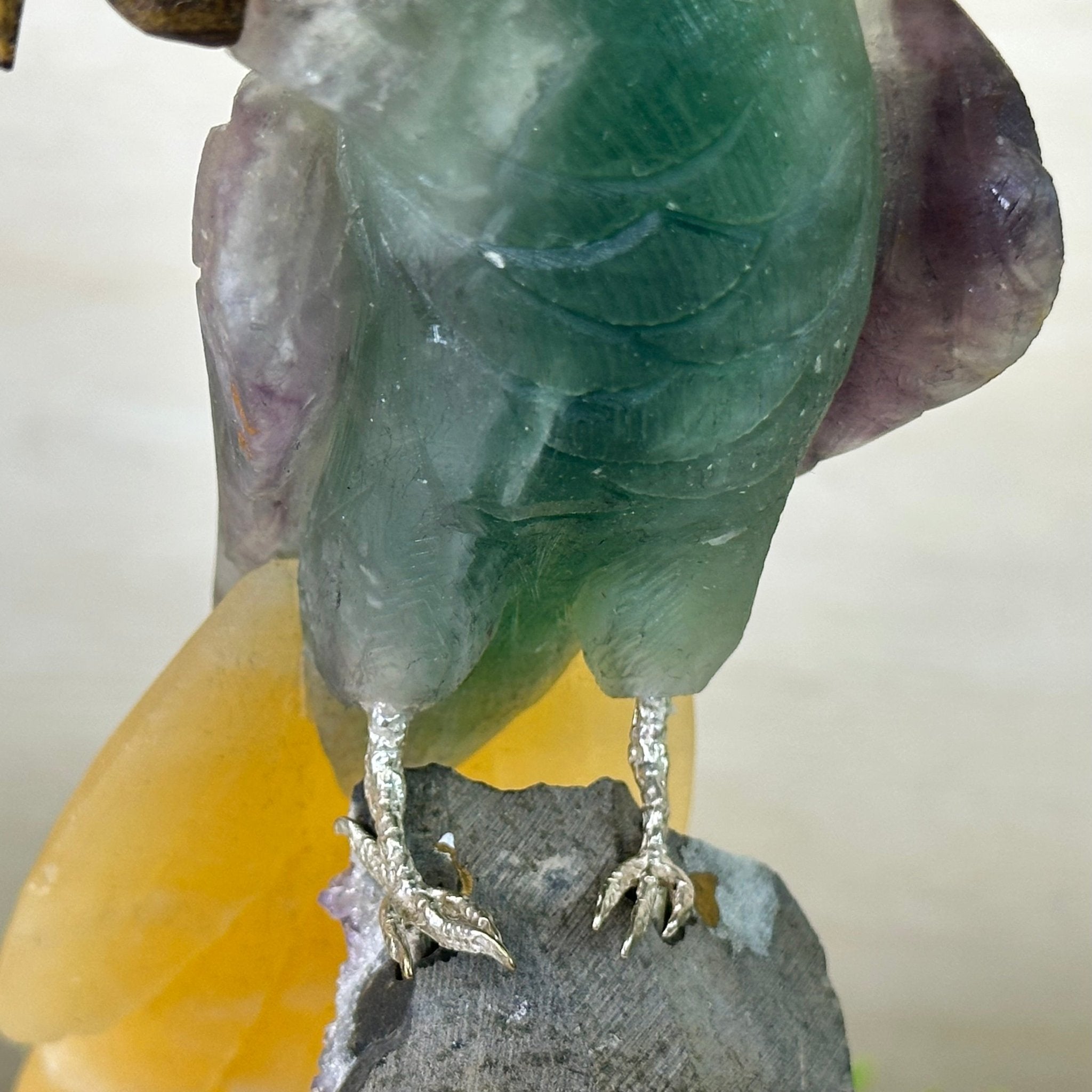 Large Hand - Carved Fluorite Cockatoo 12" Long on an Amethyst Cluster #3005 - FLCAM - 045 - Brazil GemsBrazil GemsLarge Hand - Carved Fluorite Cockatoo 12" Long on an Amethyst Cluster #3005 - FLCAM - 045Crystal Birds3005 - FLCAM - 045