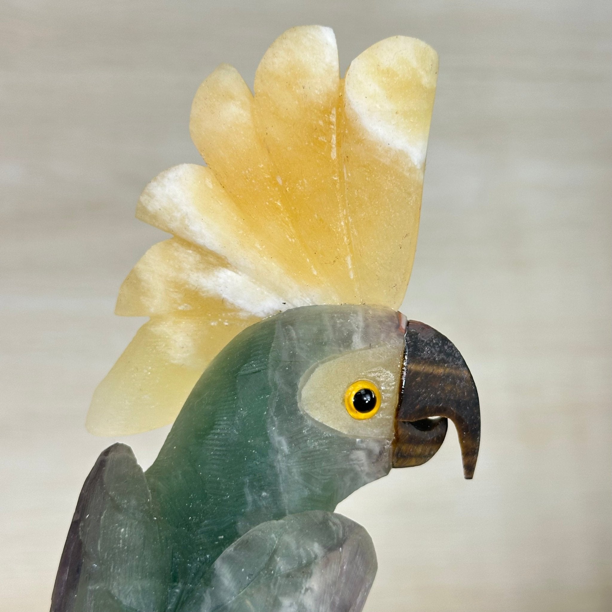 Large Hand - Carved Fluorite Cockatoo 12" Long on an Amethyst Cluster #3005 - FLCAM - 045 - Brazil GemsBrazil GemsLarge Hand - Carved Fluorite Cockatoo 12" Long on an Amethyst Cluster #3005 - FLCAM - 045Crystal Birds3005 - FLCAM - 045