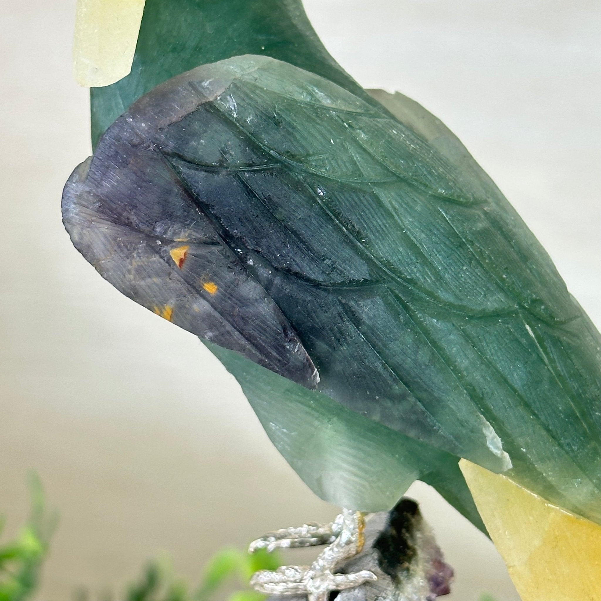 Large Hand - Carved Fluorite Cockatoo 12" Long on an Amethyst Cluster #3005 - FLCAM - 045 - Brazil GemsBrazil GemsLarge Hand - Carved Fluorite Cockatoo 12" Long on an Amethyst Cluster #3005 - FLCAM - 045Crystal Birds3005 - FLCAM - 045