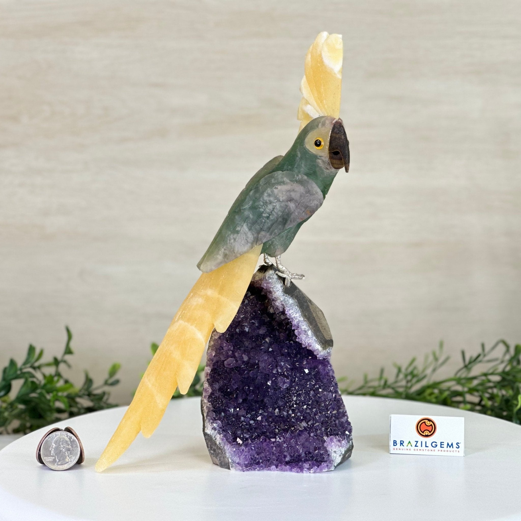 Large Hand - Carved Fluorite Cockatoo 12" Long on an Amethyst Cluster #3005 - FLCAM - 045 - Brazil GemsBrazil GemsLarge Hand - Carved Fluorite Cockatoo 12" Long on an Amethyst Cluster #3005 - FLCAM - 045Crystal Birds3005 - FLCAM - 045
