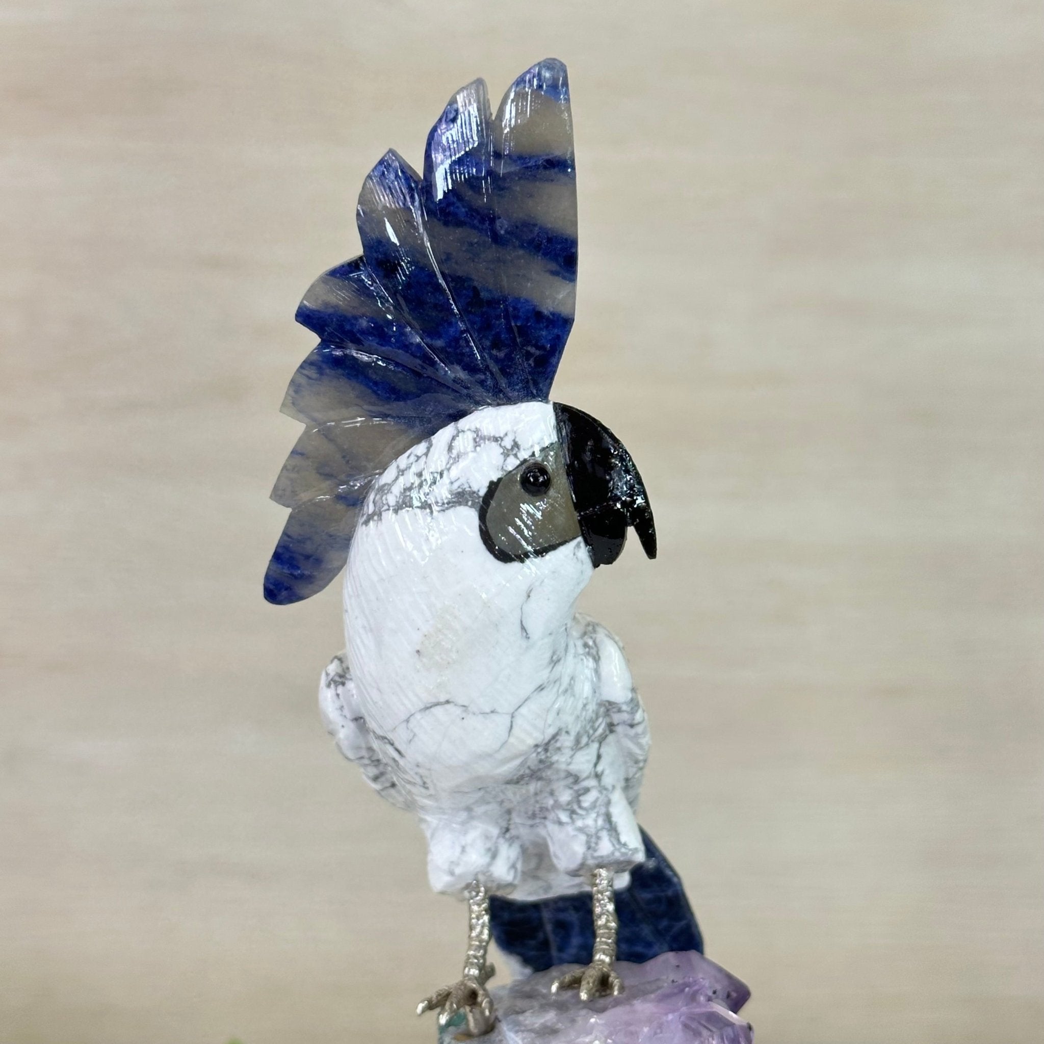 Large Hand - Carved Howlite Cockatoo 10" Long on an Amethyst Cluster #3004 - HWCAM - 057 - Brazil GemsBrazil GemsLarge Hand - Carved Howlite Cockatoo 10" Long on an Amethyst Cluster #3004 - HWCAM - 057Crystal Birds3004 - HWCAM - 057