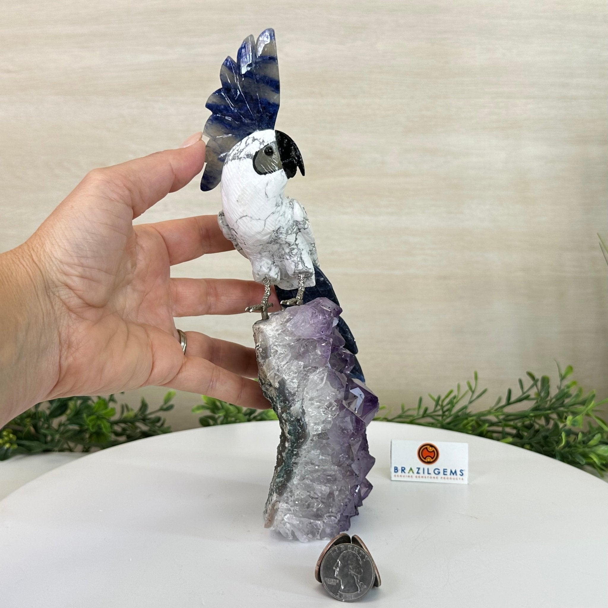 Large Hand - Carved Howlite Cockatoo 10" Long on an Amethyst Cluster #3004 - HWCAM - 057 - Brazil GemsBrazil GemsLarge Hand - Carved Howlite Cockatoo 10" Long on an Amethyst Cluster #3004 - HWCAM - 057Crystal Birds3004 - HWCAM - 057