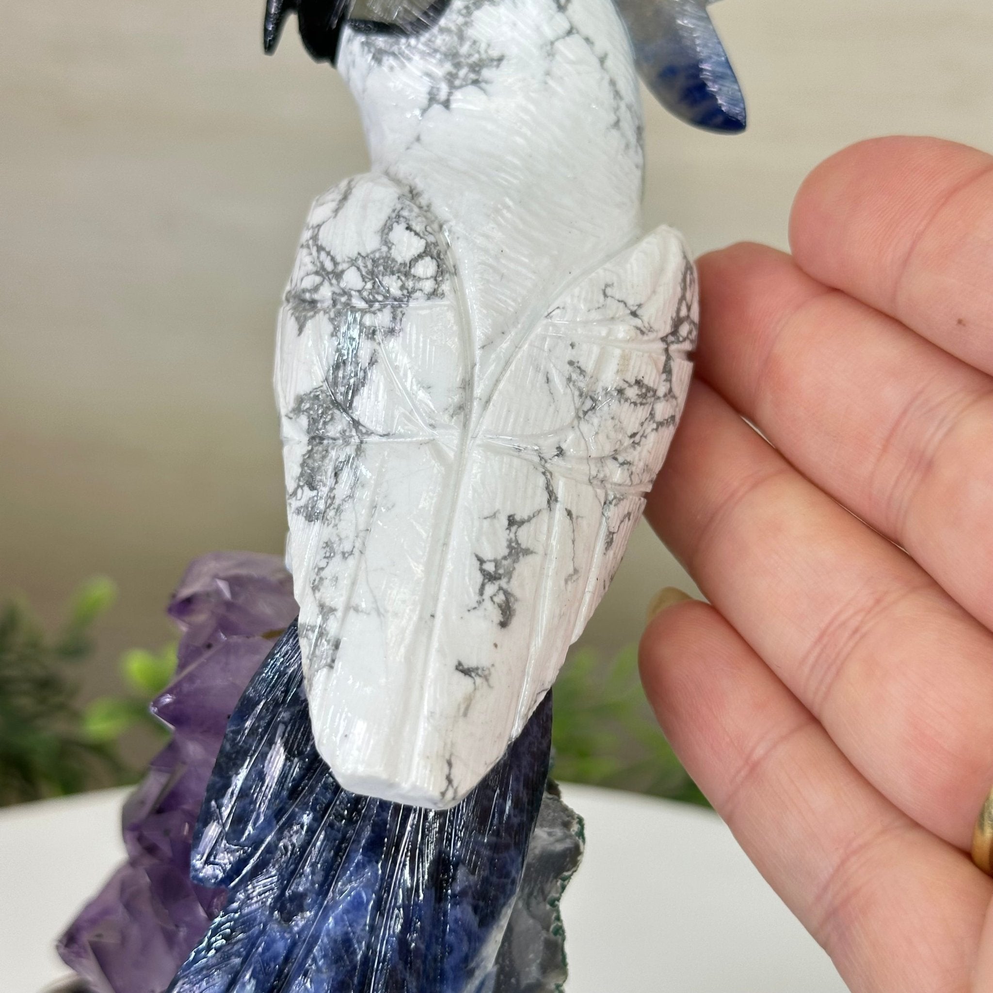 Large Hand - Carved Howlite Cockatoo 10" Long on an Amethyst Cluster #3004 - HWCAM - 057 - Brazil GemsBrazil GemsLarge Hand - Carved Howlite Cockatoo 10" Long on an Amethyst Cluster #3004 - HWCAM - 057Crystal Birds3004 - HWCAM - 057