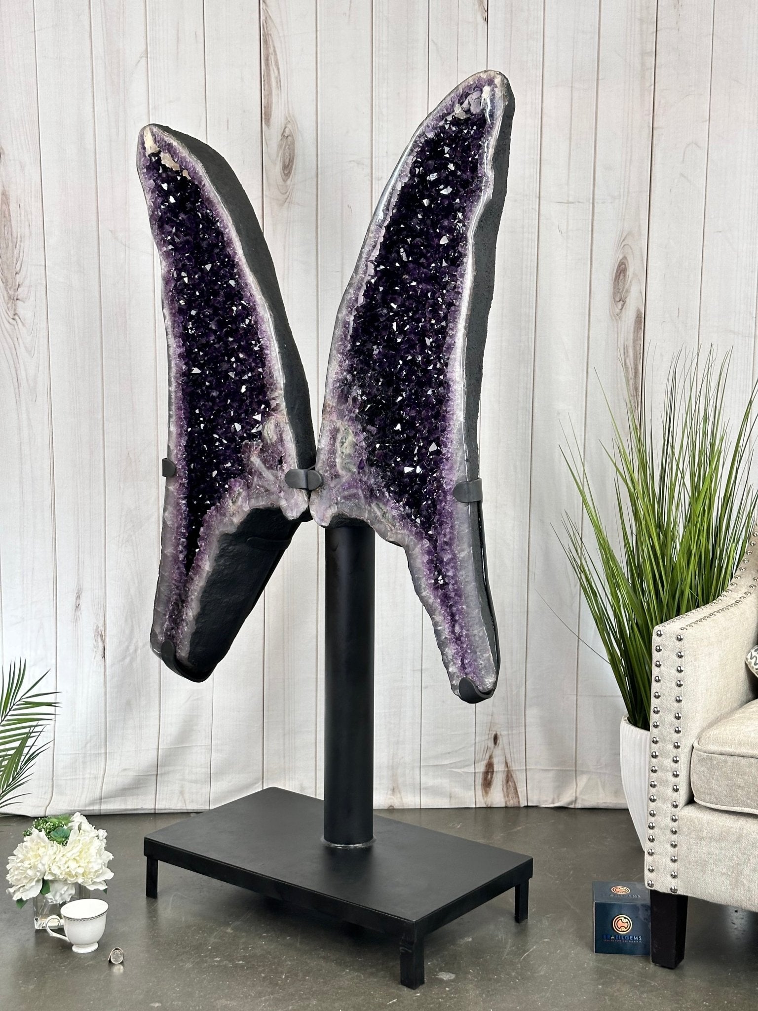Large Super Quality Amethyst Wings on a Metal Stand, 337 lbs, 63" Tall #5493-0038 - Brazil GemsBrazil GemsLarge Super Quality Amethyst Wings on a Metal Stand, 337 lbs, 63" Tall #5493-0038Amethyst Butterfly Wings5493-0038