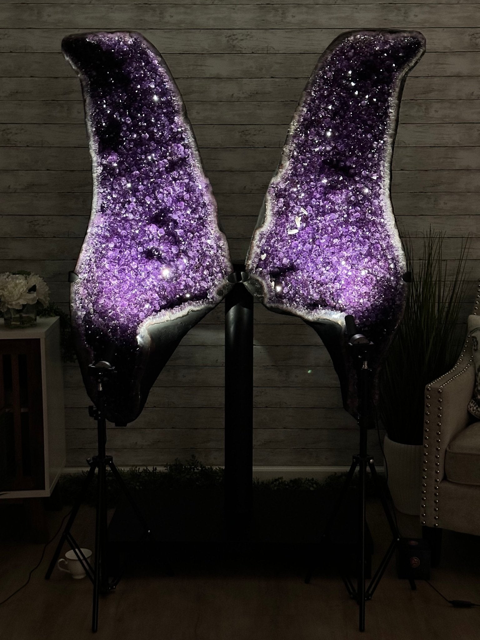 Large Super Quality Amethyst Wings on a Metal Stand, 503 lbs, 71" Tall #5493-0046 - Brazil GemsBrazil GemsLarge Super Quality Amethyst Wings on a Metal Stand, 503 lbs, 71" Tall #5493-0046Amethyst Butterfly Wings5493-0046