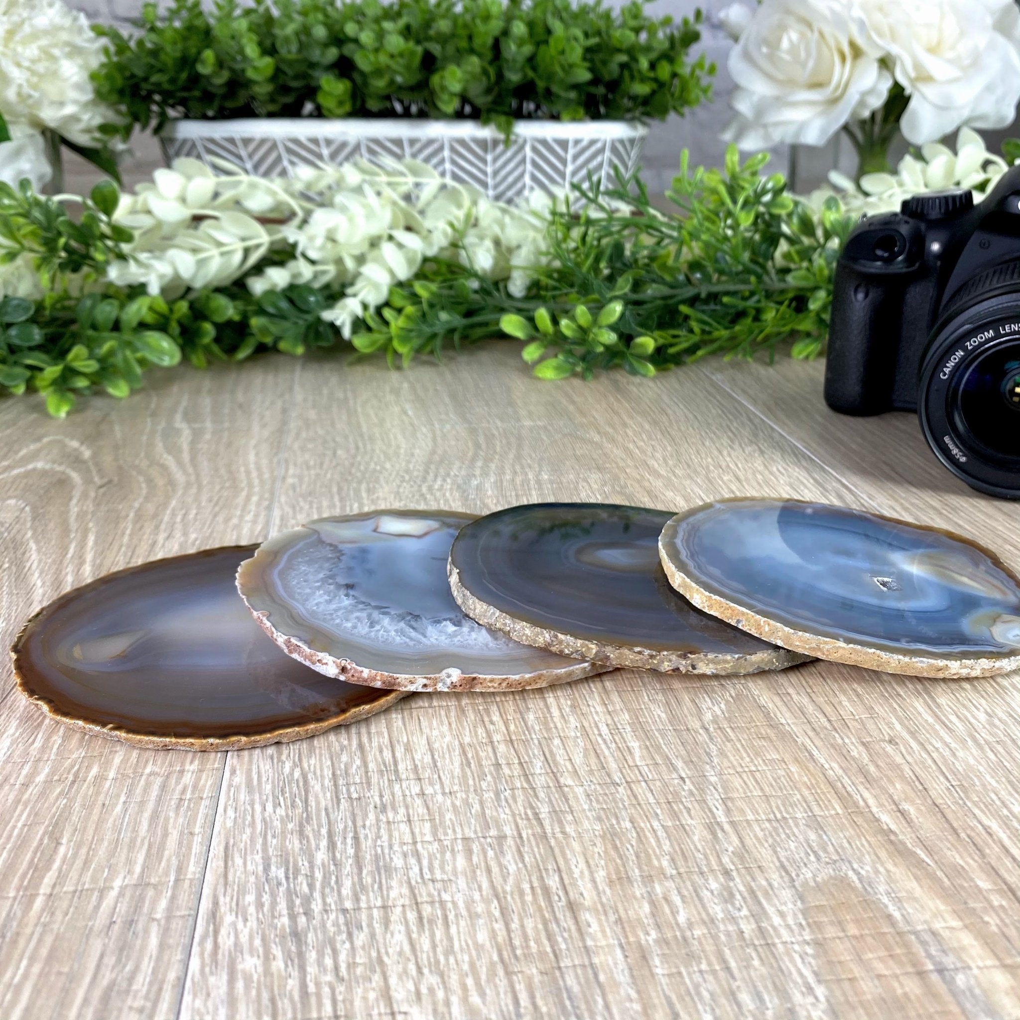 Natural Agate Coasters, generous sizes 3.5" to 4.5" each, 4-piece set Model #5205NATU by Brazil Gems - Brazil GemsBrazil GemsNatural Agate Coasters, generous sizes 3.5" to 4.5" each, 4-piece set Model #5205NATU by Brazil GemsCoaster Sets5205NATU