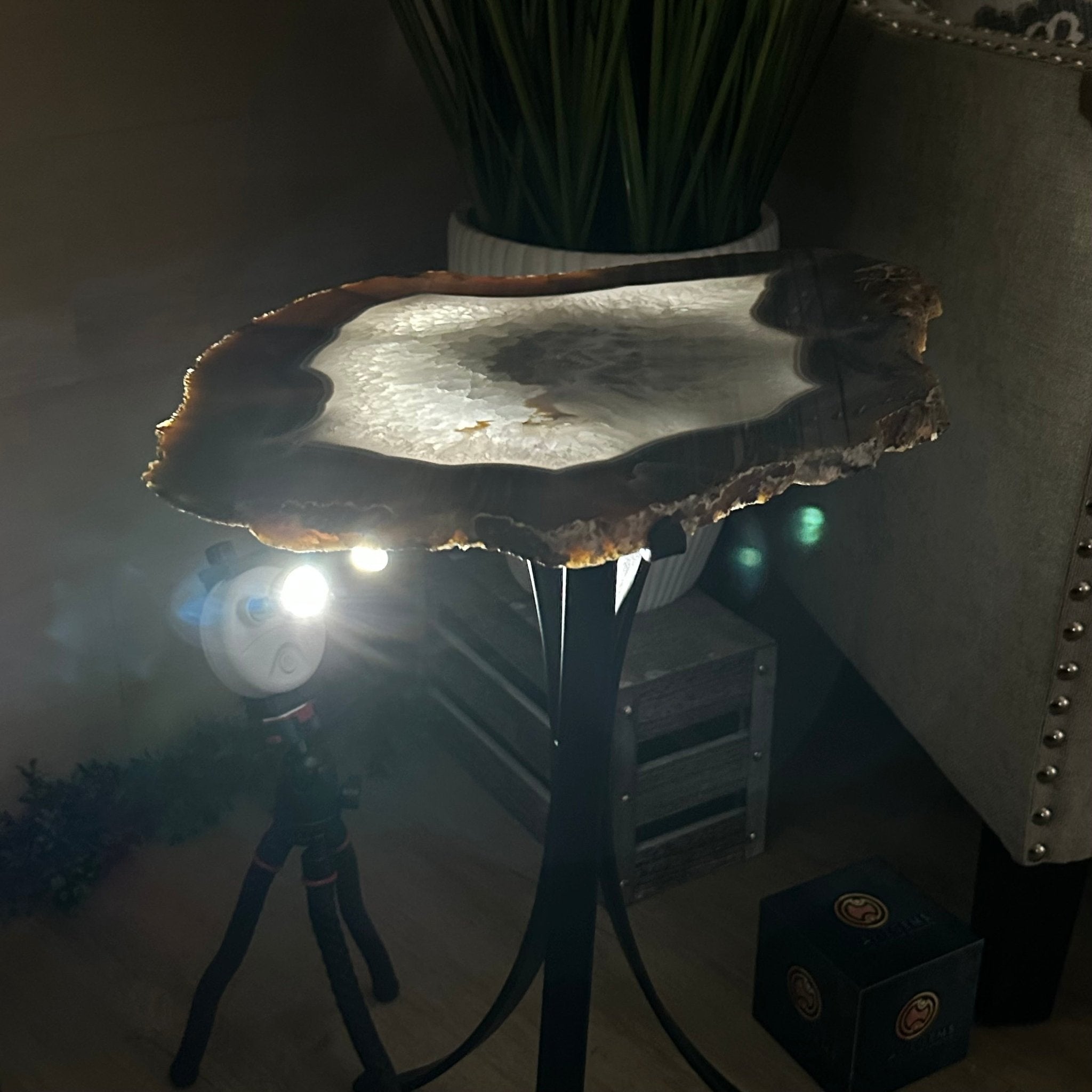 Natural Brazilian Agate Side Table on a black metal base, 21.3" Tall 1305 - 0176 - Brazil GemsBrazil GemsNatural Brazilian Agate Side Table on a black metal base, 21.3" Tall 1305 - 0176Tables: Side1305 - 0176