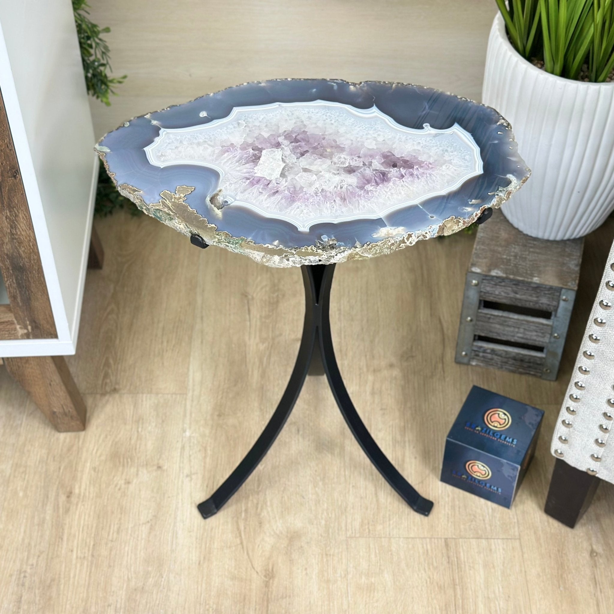 Natural Brazilian Agate Side Table on a black metal base, 21.4" Tall 1305 - 0179 - Brazil GemsBrazil GemsNatural Brazilian Agate Side Table on a black metal base, 21.4" Tall 1305 - 0179Tables: Side1305 - 0179