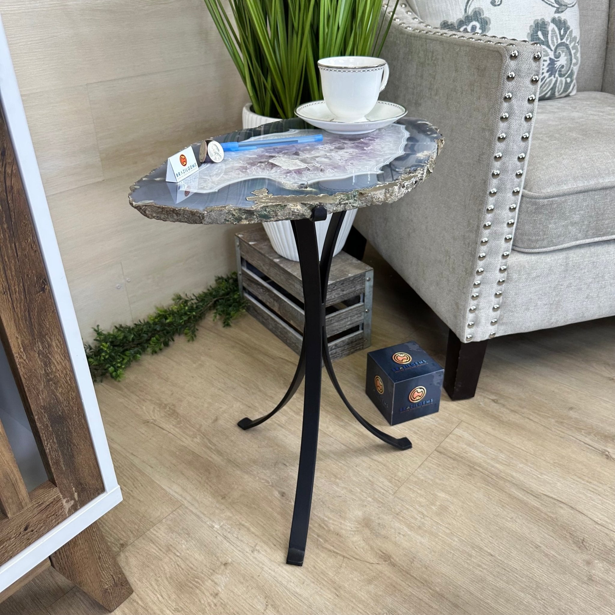 Natural Brazilian Agate Side Table on a black metal base, 21.4" Tall 1305 - 0179 - Brazil GemsBrazil GemsNatural Brazilian Agate Side Table on a black metal base, 21.4" Tall 1305 - 0179Tables: Side1305 - 0179