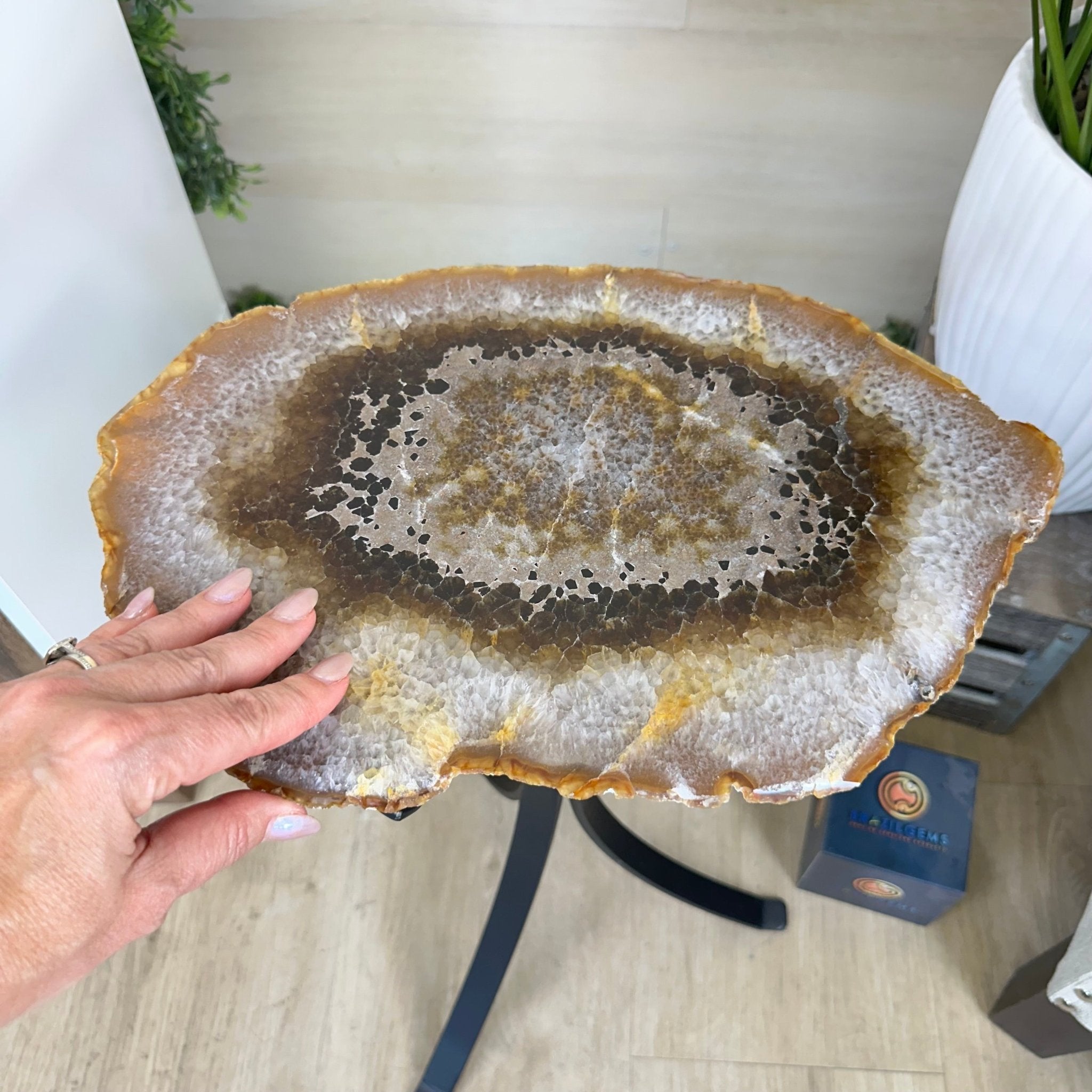 Natural Brazilian Agate Side Table on a black metal base, 21.5" Tall 1305 - 0173 - Brazil GemsBrazil GemsNatural Brazilian Agate Side Table on a black metal base, 21.5" Tall 1305 - 0173Tables: Side1305 - 0173