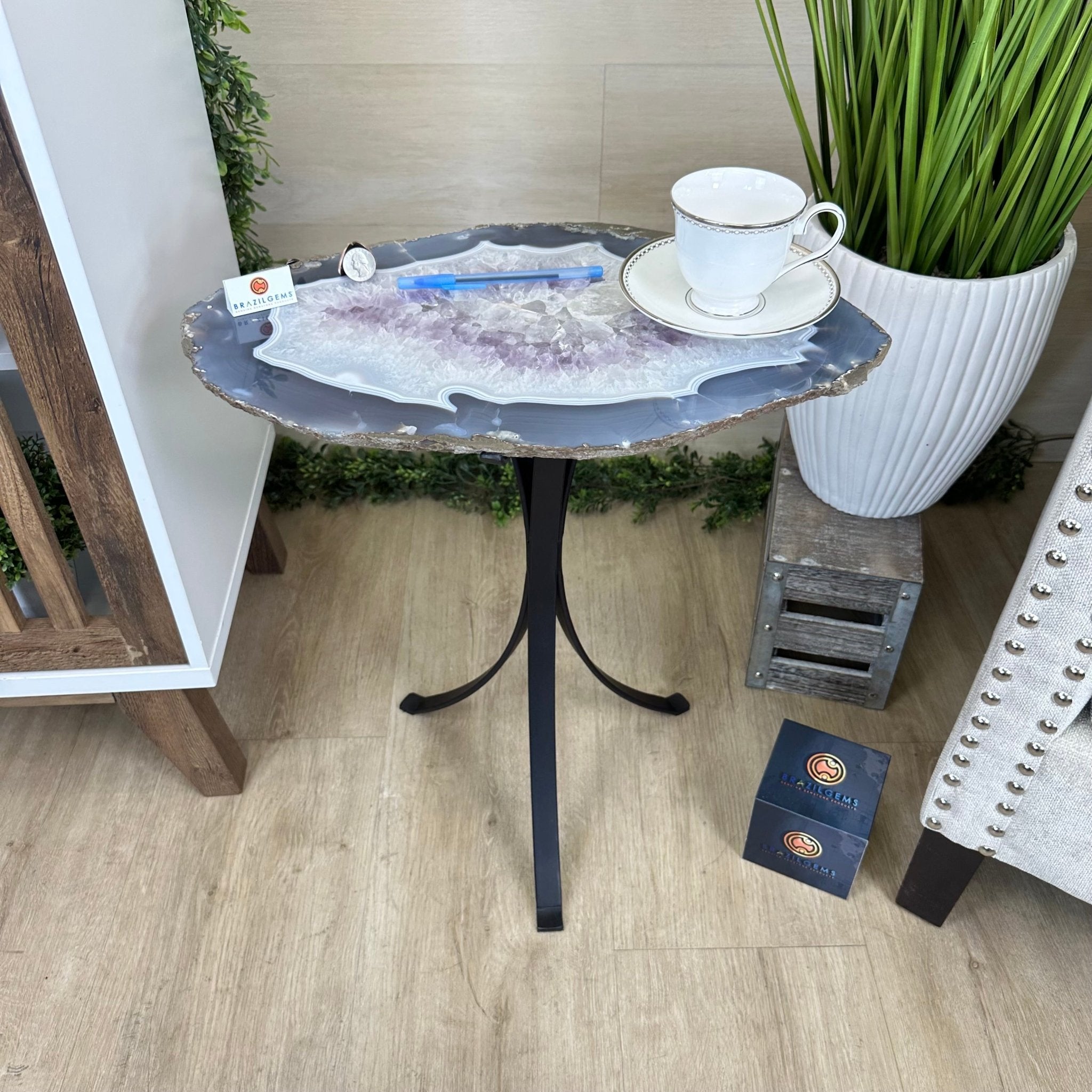 Natural Brazilian Agate Side Table on a black metal base, 21.5" Tall 1305 - 0182 - Brazil GemsBrazil GemsNatural Brazilian Agate Side Table on a black metal base, 21.5" Tall 1305 - 0182Tables: Side1305 - 0182