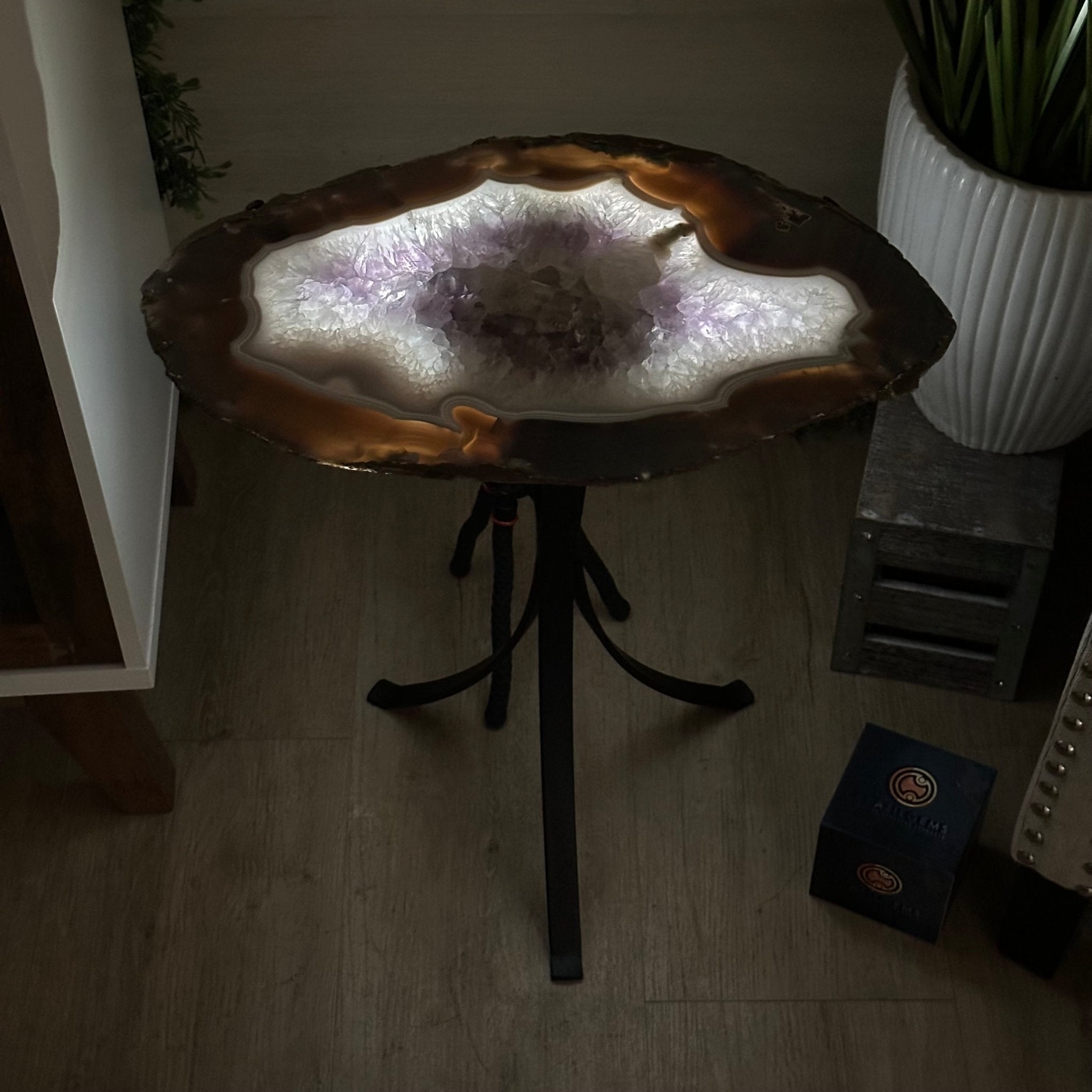 Natural Brazilian Agate Side Table on a black metal base, 21.5" Tall 1305 - 0182 - Brazil GemsBrazil GemsNatural Brazilian Agate Side Table on a black metal base, 21.5" Tall 1305 - 0182Tables: Side1305 - 0182