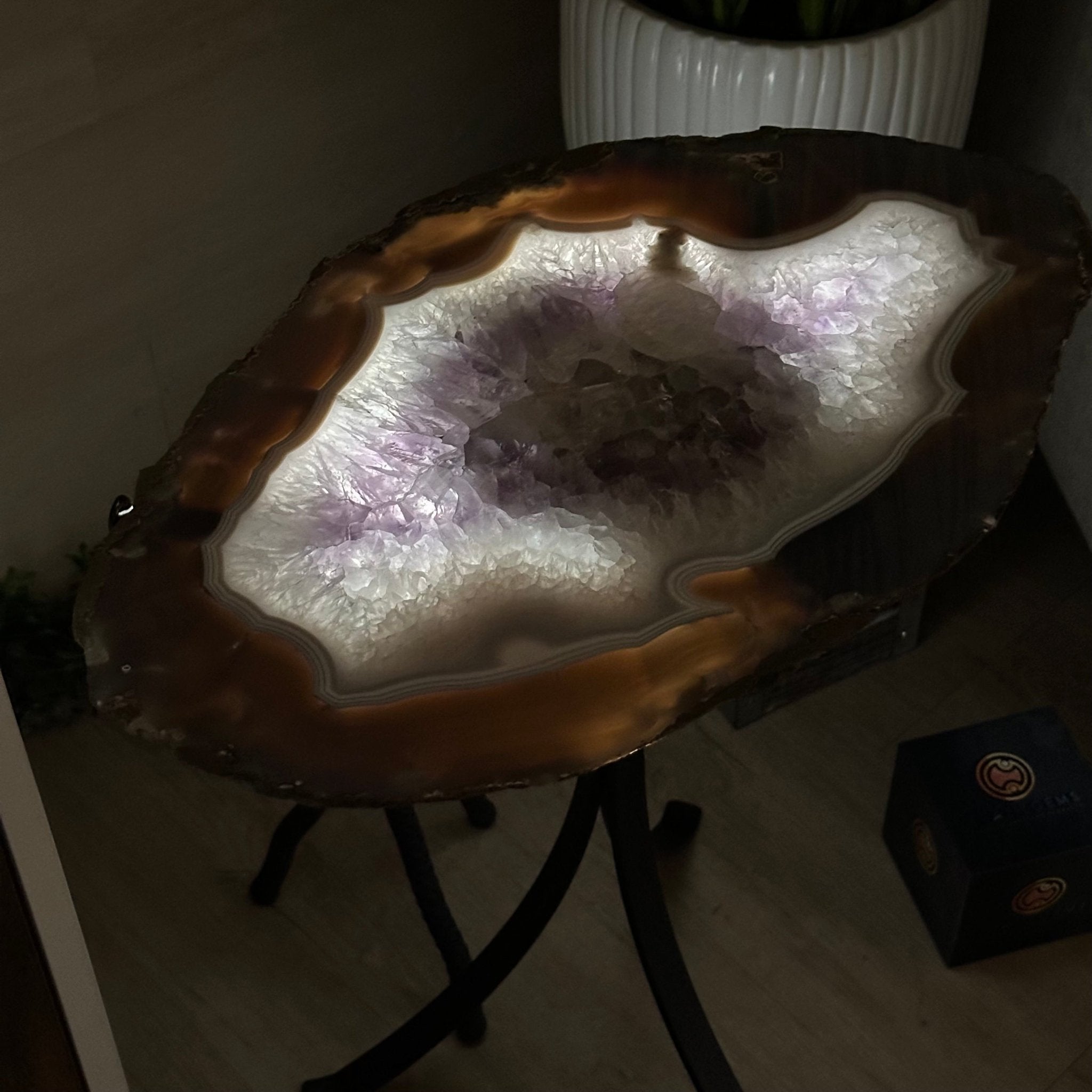 Natural Brazilian Agate Side Table on a black metal base, 21.5" Tall 1305 - 0182 - Brazil GemsBrazil GemsNatural Brazilian Agate Side Table on a black metal base, 21.5" Tall 1305 - 0182Tables: Side1305 - 0182