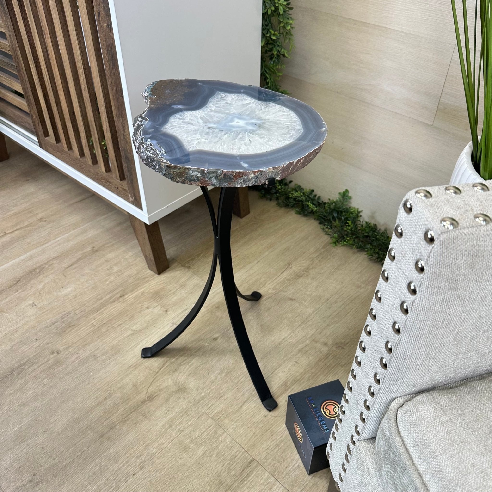Natural Brazilian Agate Side Table on a black metal base, 21.7" Tall 1305 - 0178 - Brazil GemsBrazil GemsNatural Brazilian Agate Side Table on a black metal base, 21.7" Tall 1305 - 0178Tables: Side1305 - 0178