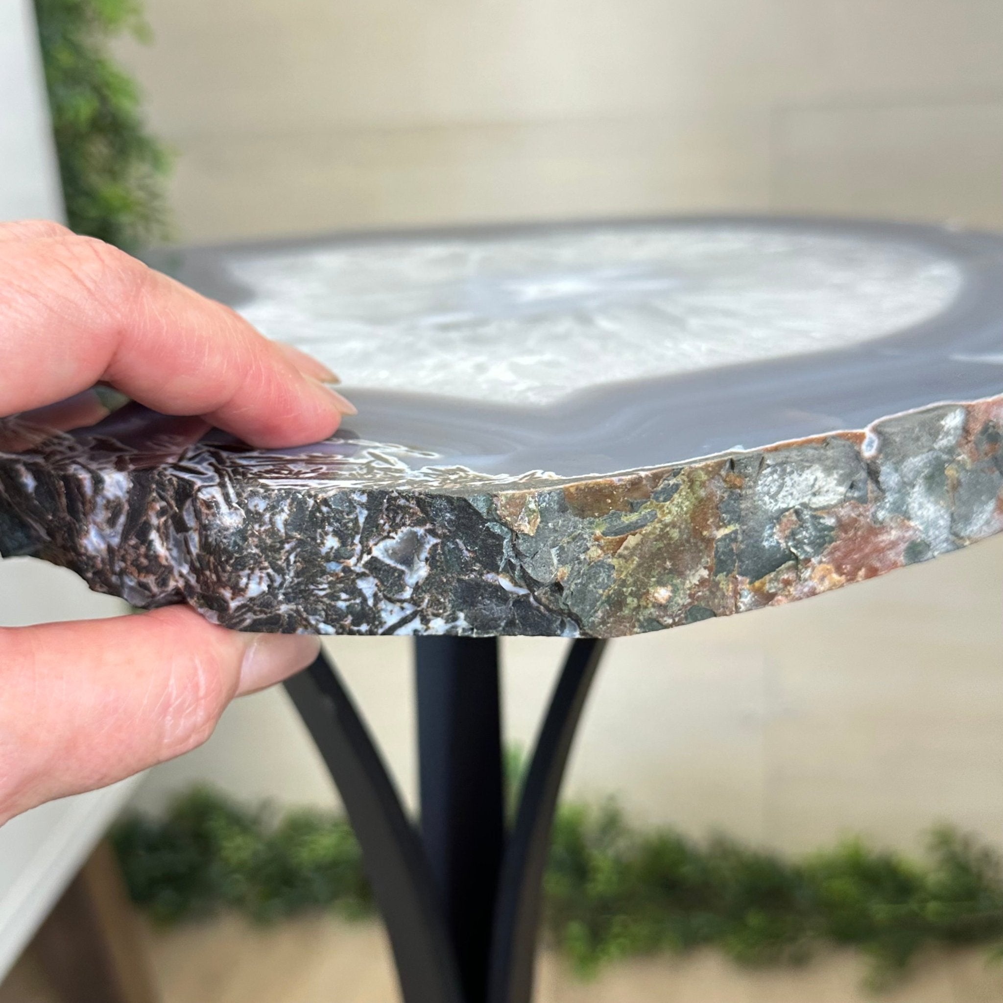Natural Brazilian Agate Side Table on a black metal base, 21.7" Tall 1305 - 0178 - Brazil GemsBrazil GemsNatural Brazilian Agate Side Table on a black metal base, 21.7" Tall 1305 - 0178Tables: Side1305 - 0178