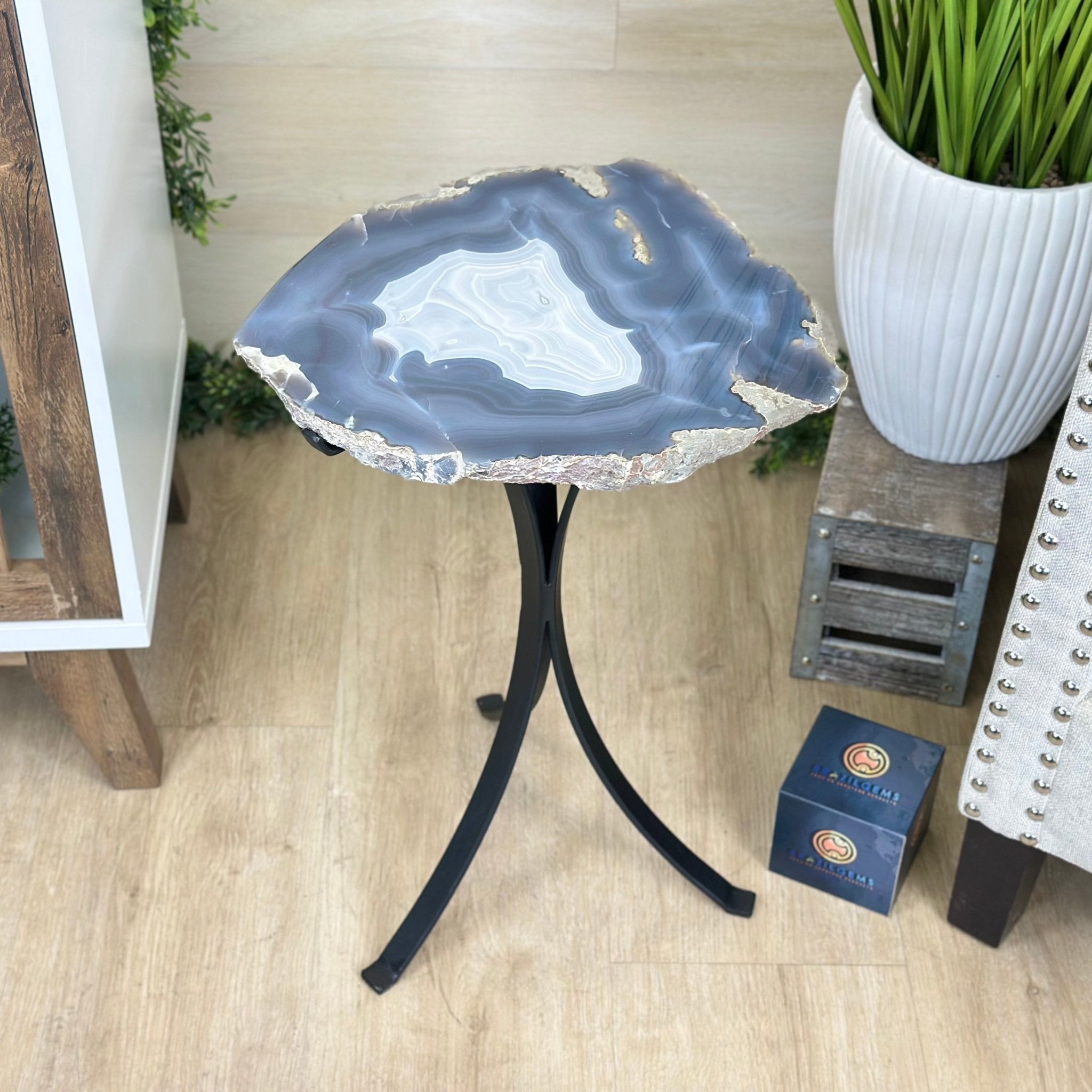 Natural Brazilian Agate Side Table on a black metal base, 21.9" Tall 1305 - 0184 - Brazil GemsBrazil GemsNatural Brazilian Agate Side Table on a black metal base, 21.9" Tall 1305 - 0184Tables: Side1305 - 0184