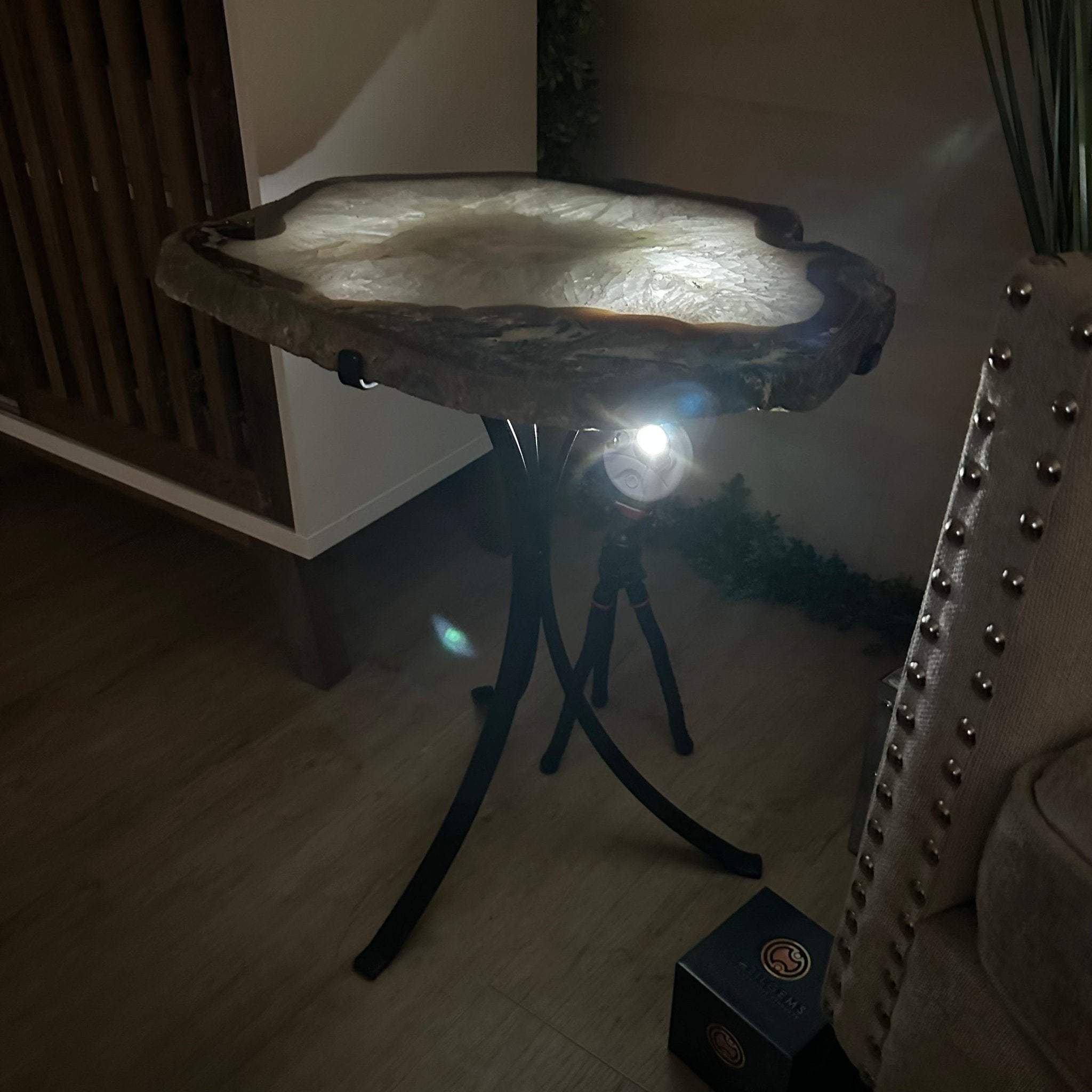 Natural Brazilian Agate Side Table on a black metal base, 22" Tall 1306 - 0050 - Brazil GemsBrazil GemsNatural Brazilian Agate Side Table on a black metal base, 22" Tall 1306 - 0050Tables: Side1306 - 0050